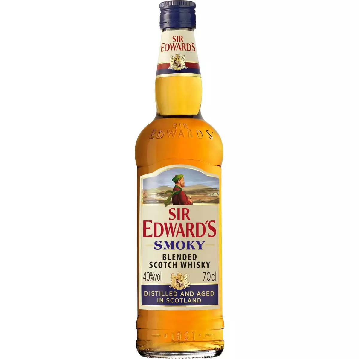 SIR EDWARD'S Sir Edward’s Smoky, c’est une nouvelle expérience, et une profonde authenticité. Un assemblage subtil de whiskies de grain et de malt, enrichi de malt tourbé. Une initiation au goût typique des whiskies tourbés, reflet de la puissante nature écossaise.   70cl