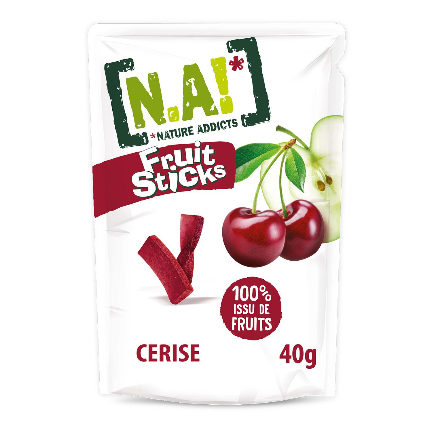 Voir la diapositive 2 : NATURE ADDICTS Sticks de fruits à base de purées de pomme et cerise 40g