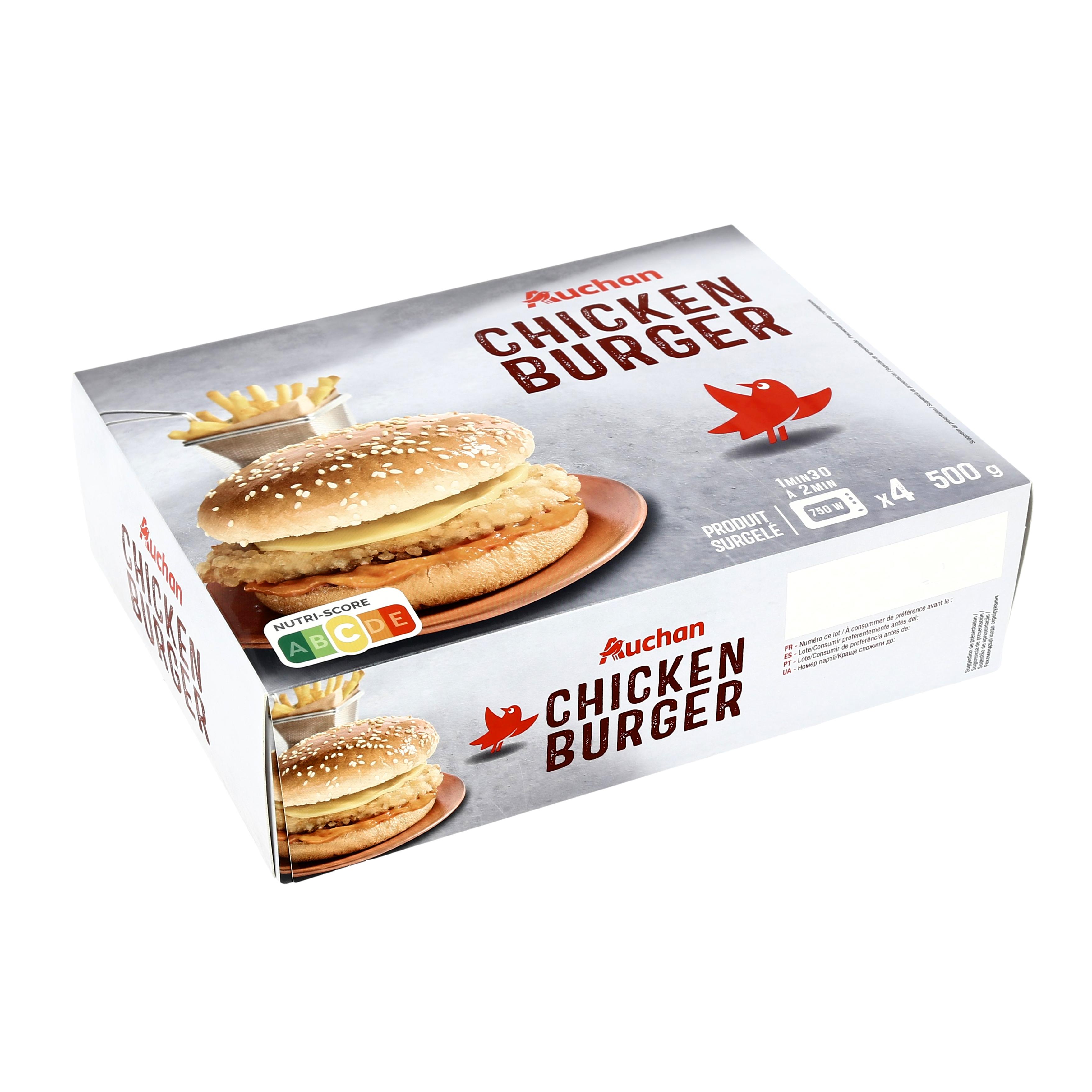 Voir la diapositive 2 : AUCHAN Chicken burger 4 pièces 400g