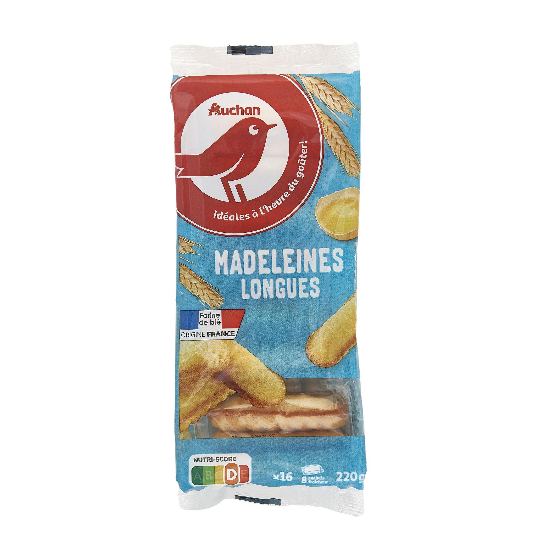Voir la diapositive 2 : AUCHAN Madeleines longues aux œufs frais sachets fraîcheur 8x2 madeleines 220g