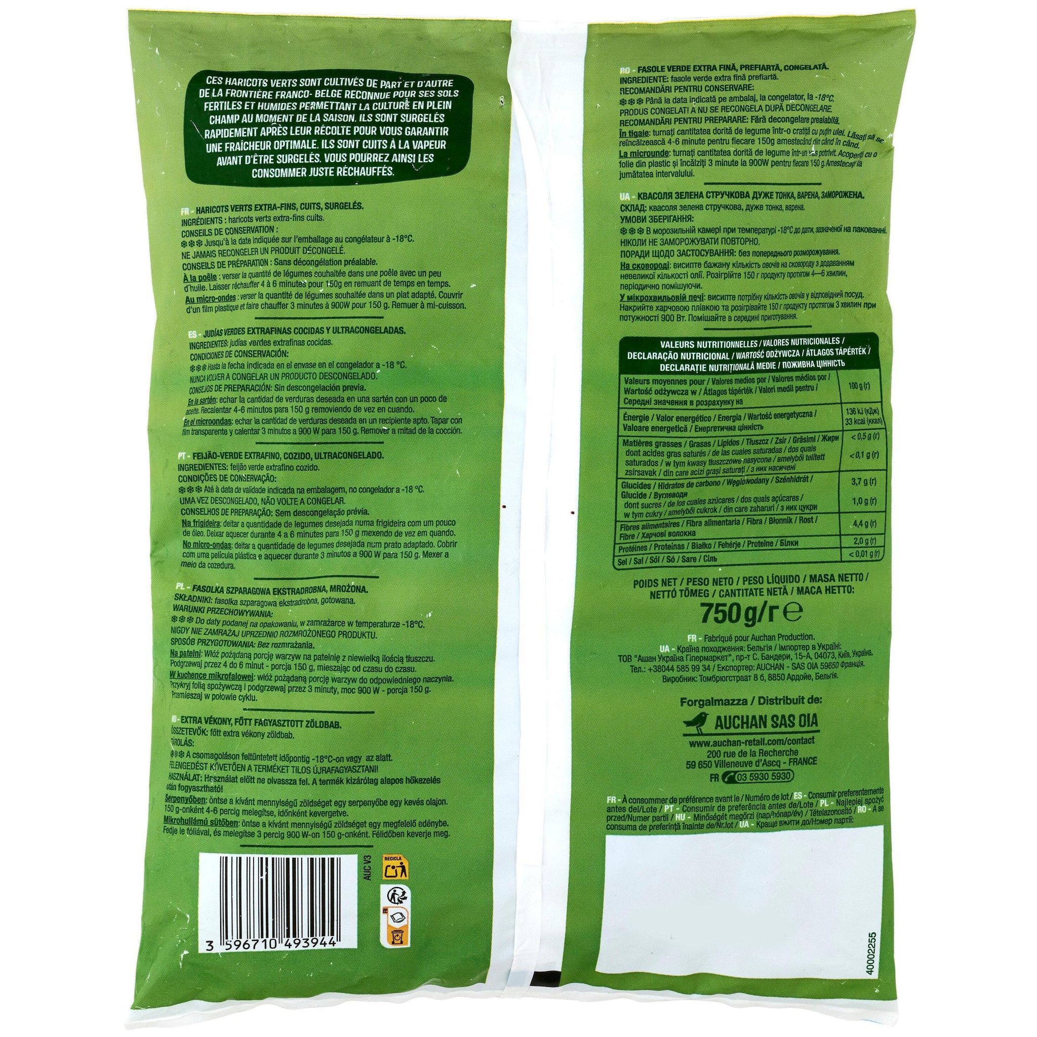 Voir la diapositive 3 : AUCHAN Haricots verts extra fins déjà cuits prêts en 3min 5 portions 750g