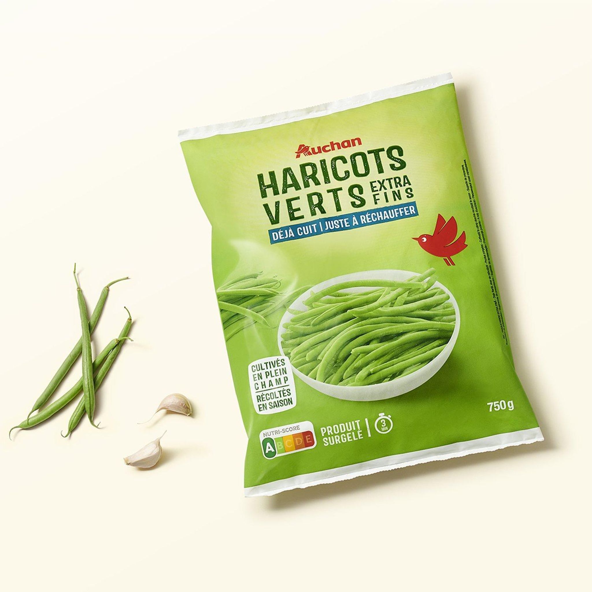 Voir la diapositive 4 : AUCHAN Haricots verts extra fins déjà cuits prêts en 3min 5 portions 750g