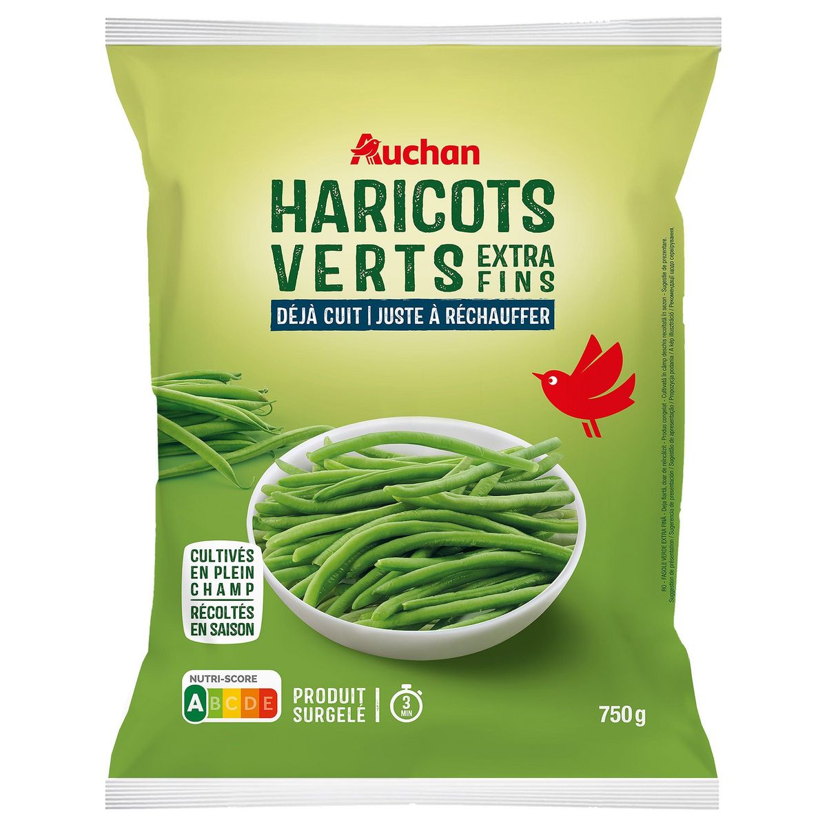 AUCHAN Haricots verts extra fins déjà cuits prêts en 3min 5 portions 750g