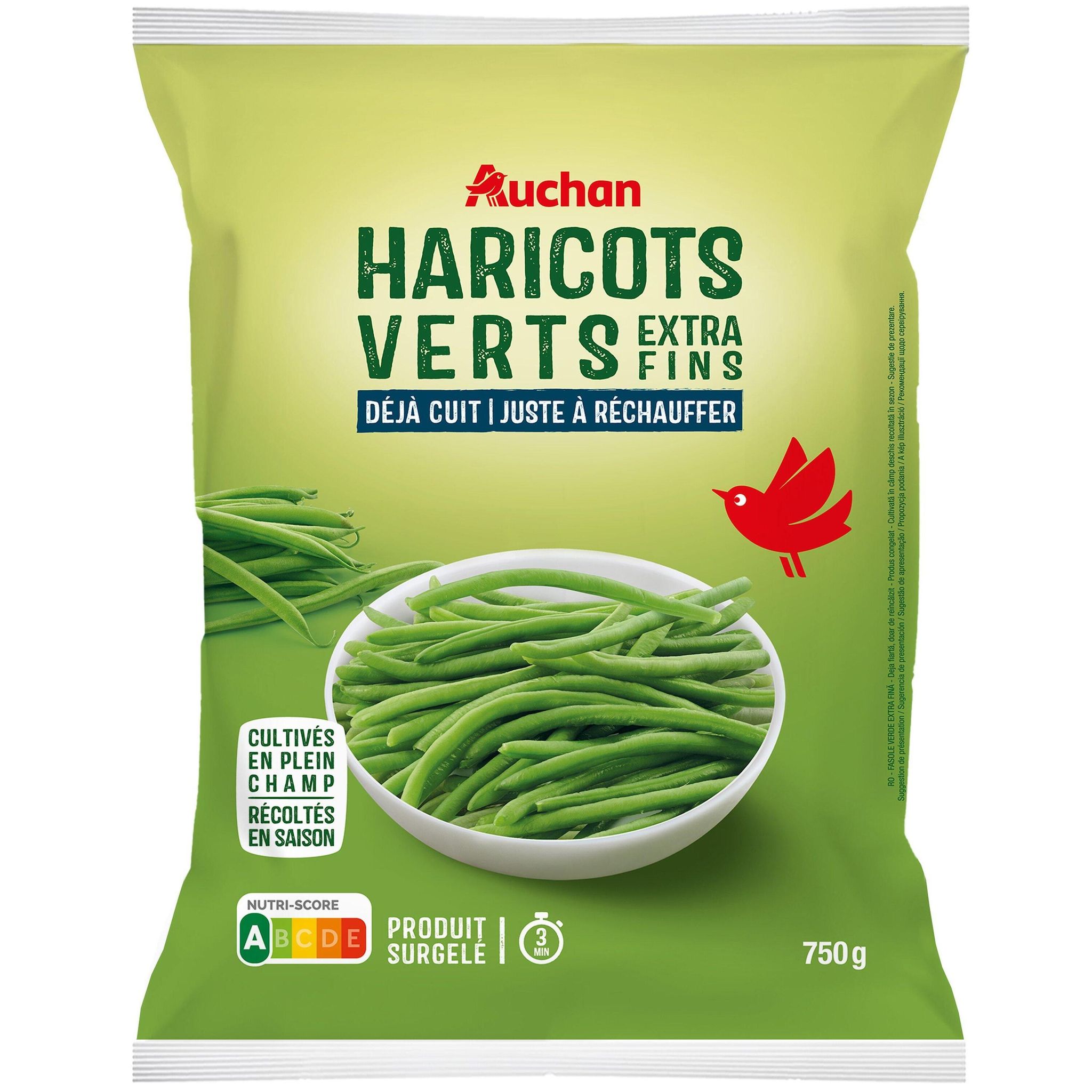 Voir la diapositive 5 : AUCHAN Haricots verts extra fins déjà cuits prêts en 3min 5 portions 750g