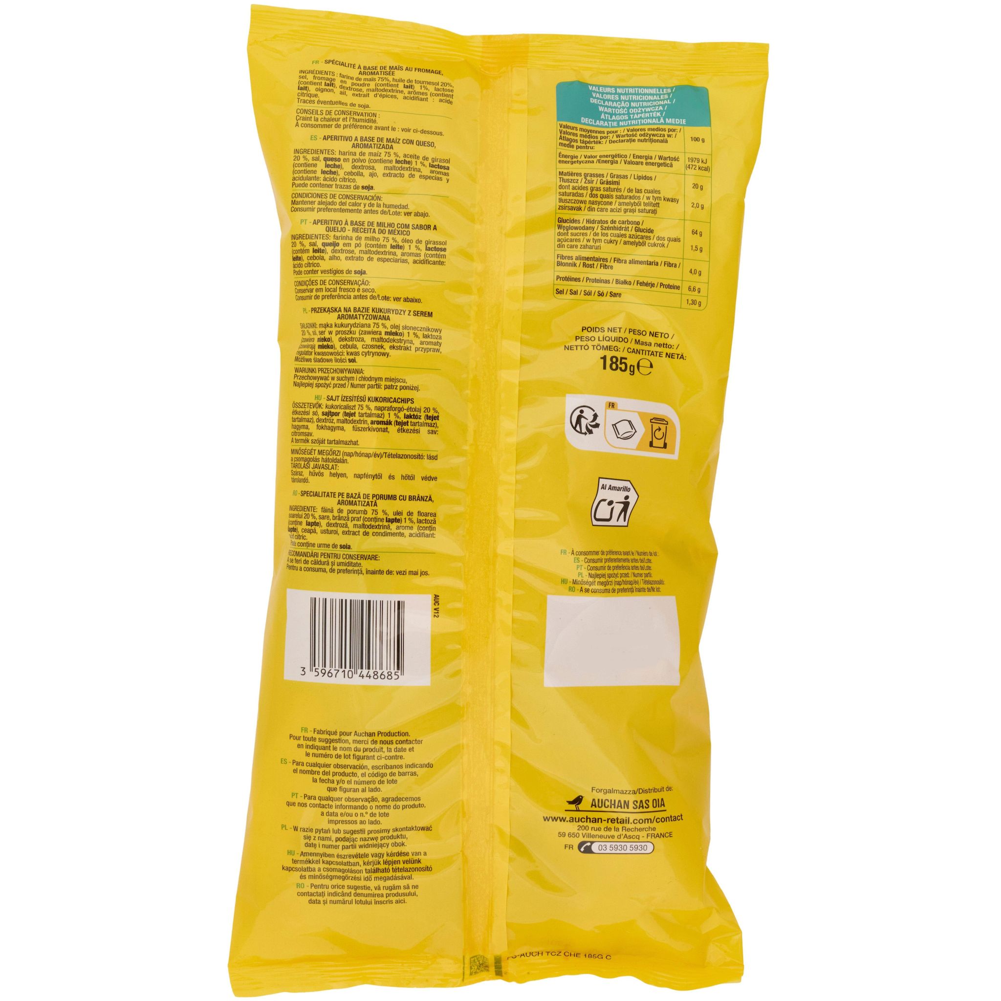 Voir la diapositive 3 : AUCHAN Tortillas chips au fromage à l'huile de tournesol 185g