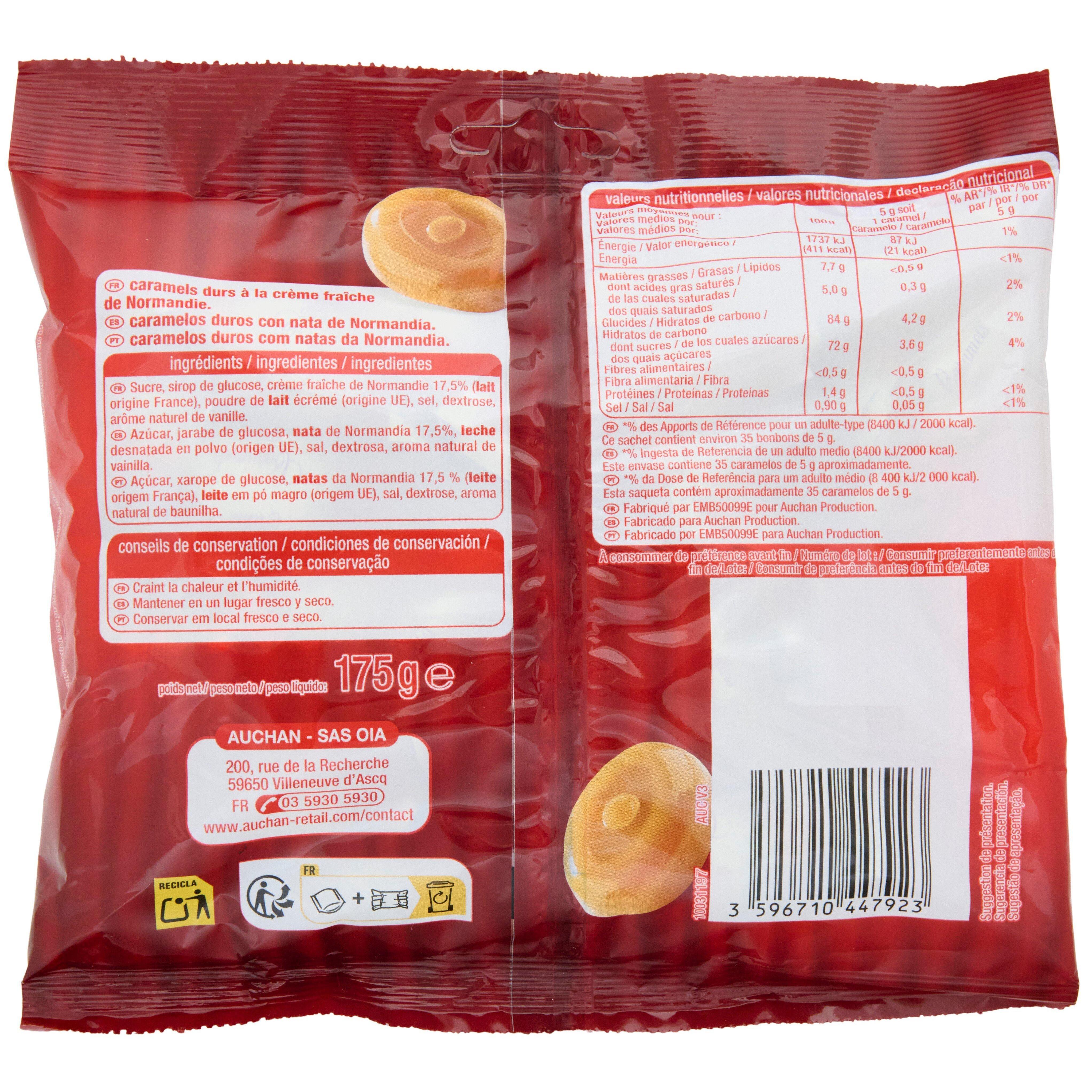 Voir la diapositive 2 : AUCHAN Bonbons caramels crème fraîche 175g