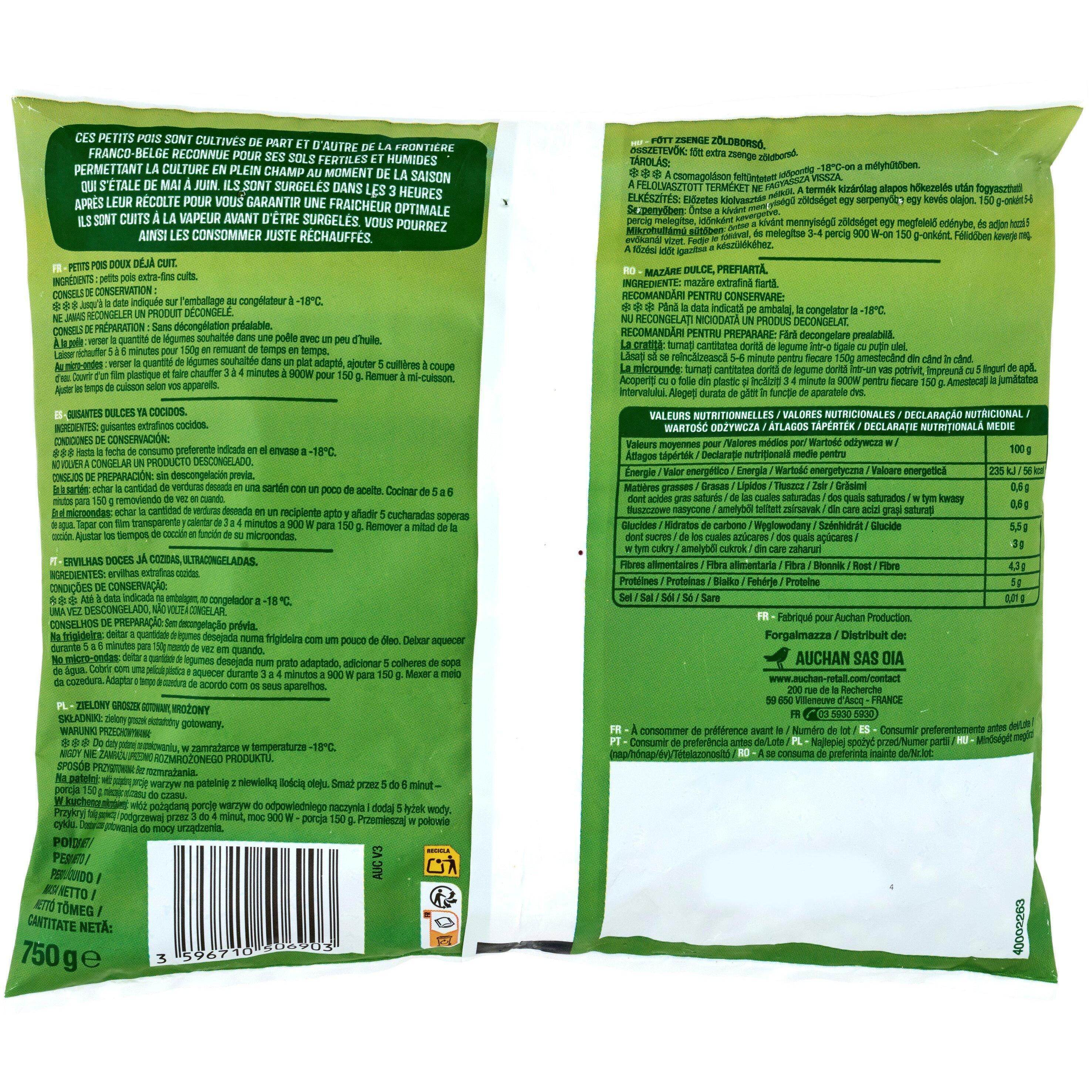 Voir la diapositive 4 : AUCHAN Déjà cuit Petits pois doux 3-4 portions 750g