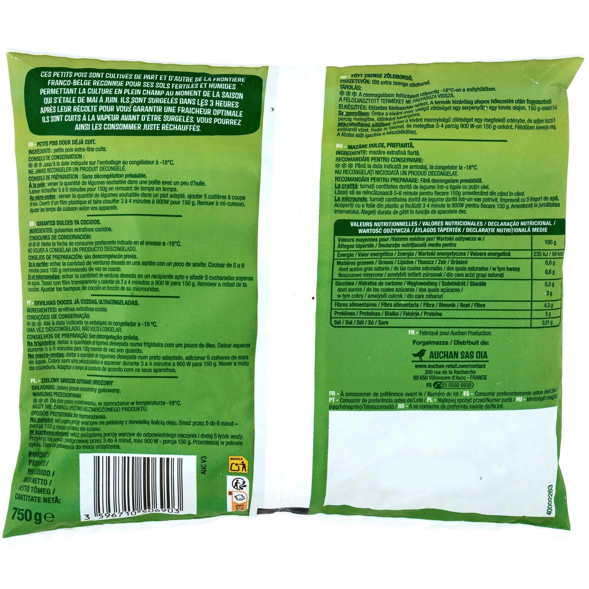 Voir la diapositive 4 : AUCHAN Déjà cuit Petits pois doux 3-4 portions 750g