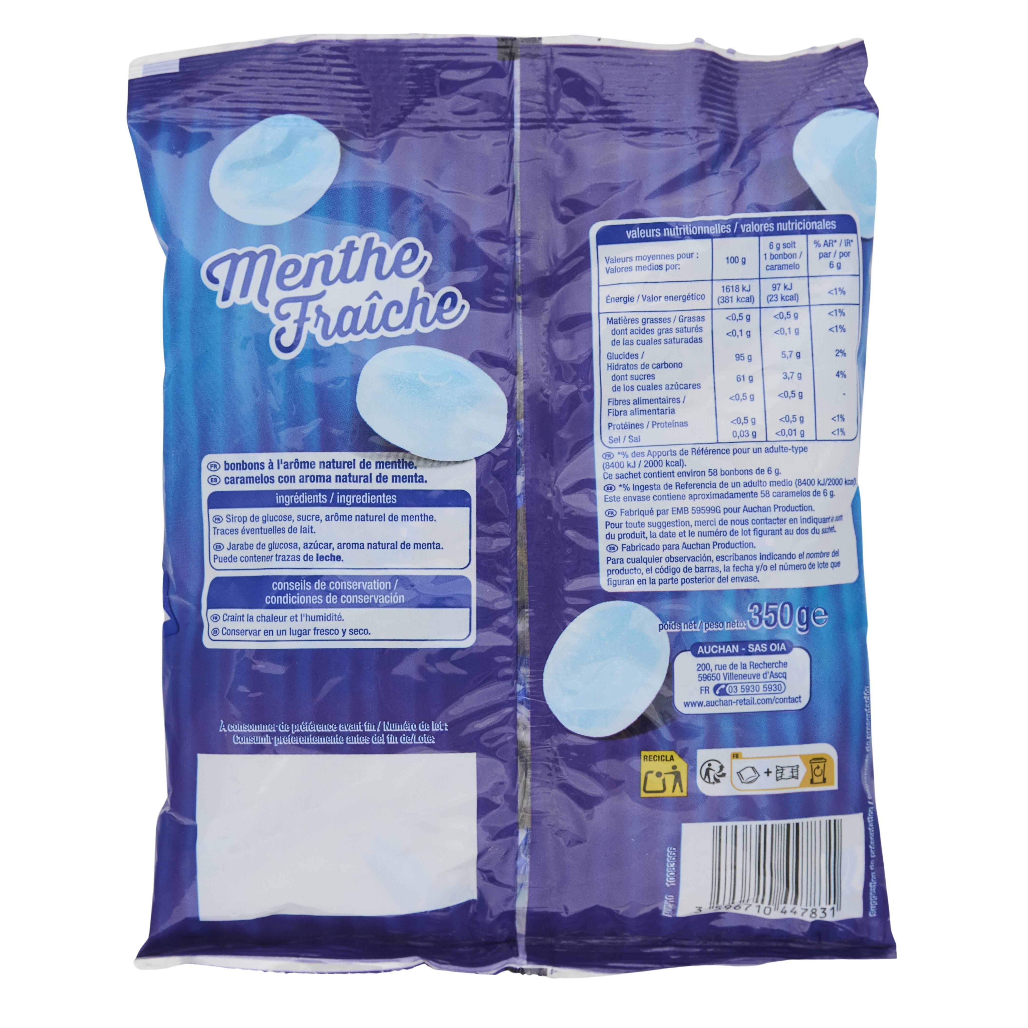 Voir la diapositive 2 : AUCHAN Bonbons à la menthe fraîche 58 bonbons 350g