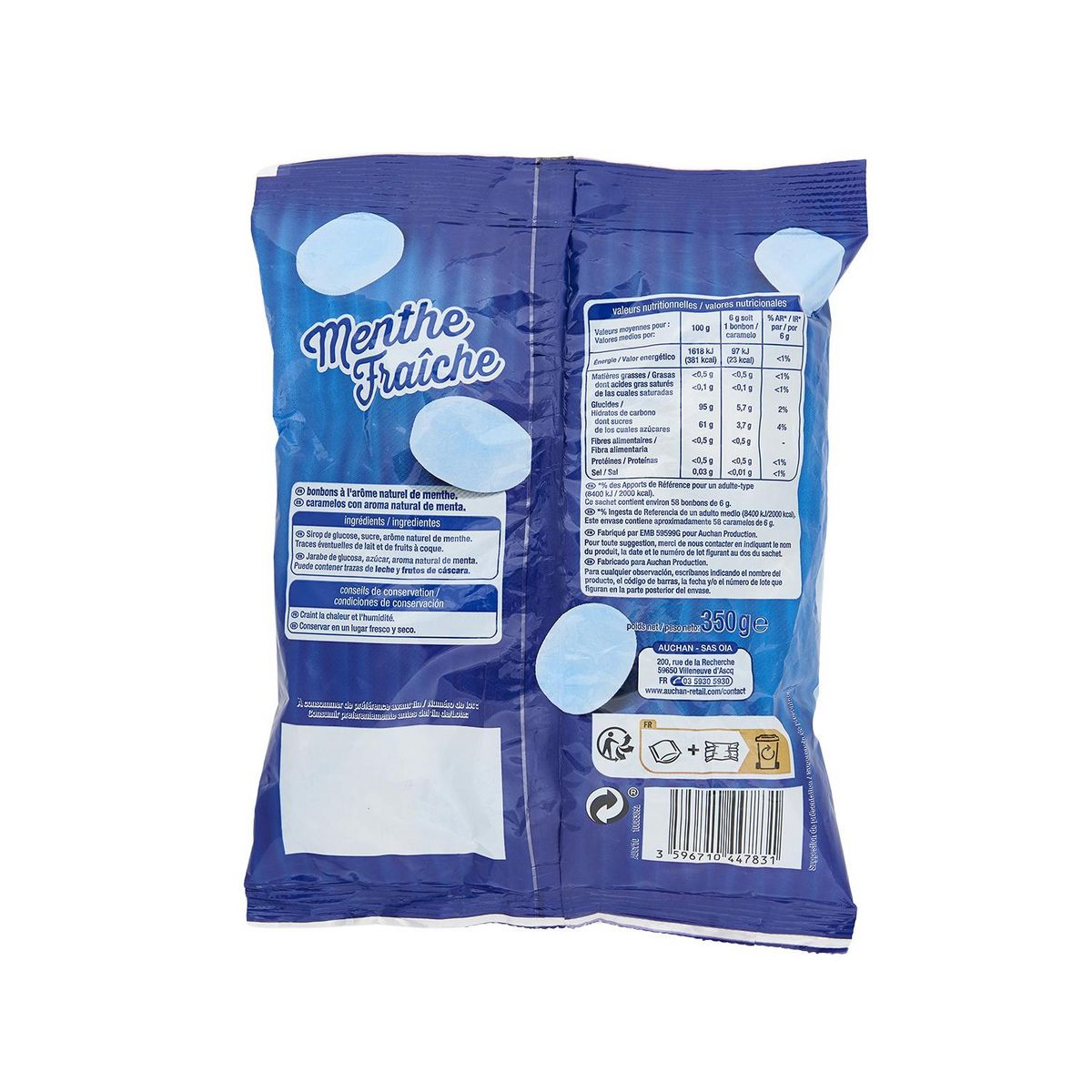 AUCHAN Bonbons à la menthe fraîche 58 bonbons 350g