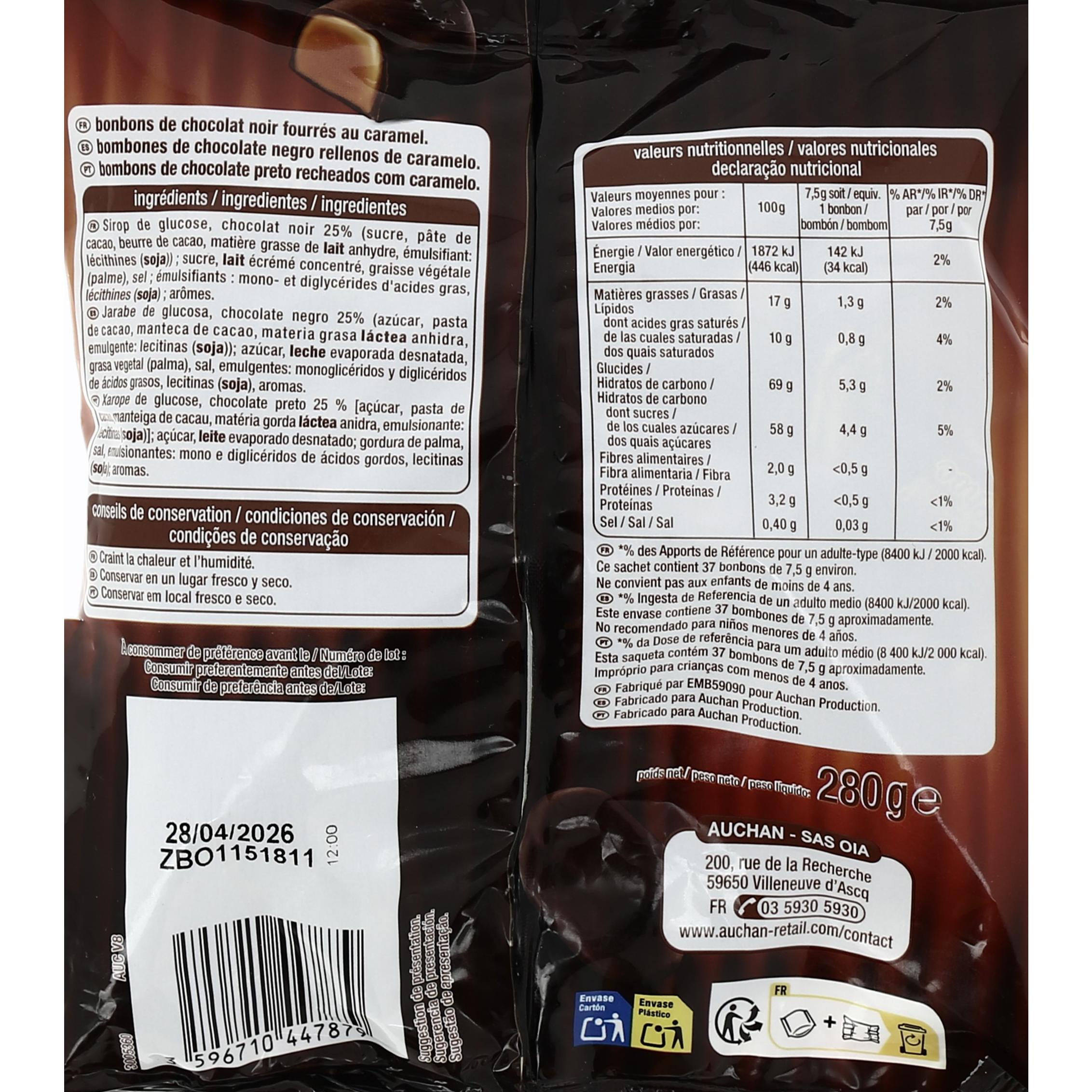 Voir la diapositive 2 : AUCHAN Caram'choc bonbons au chocolat fourrés au caramel 280g