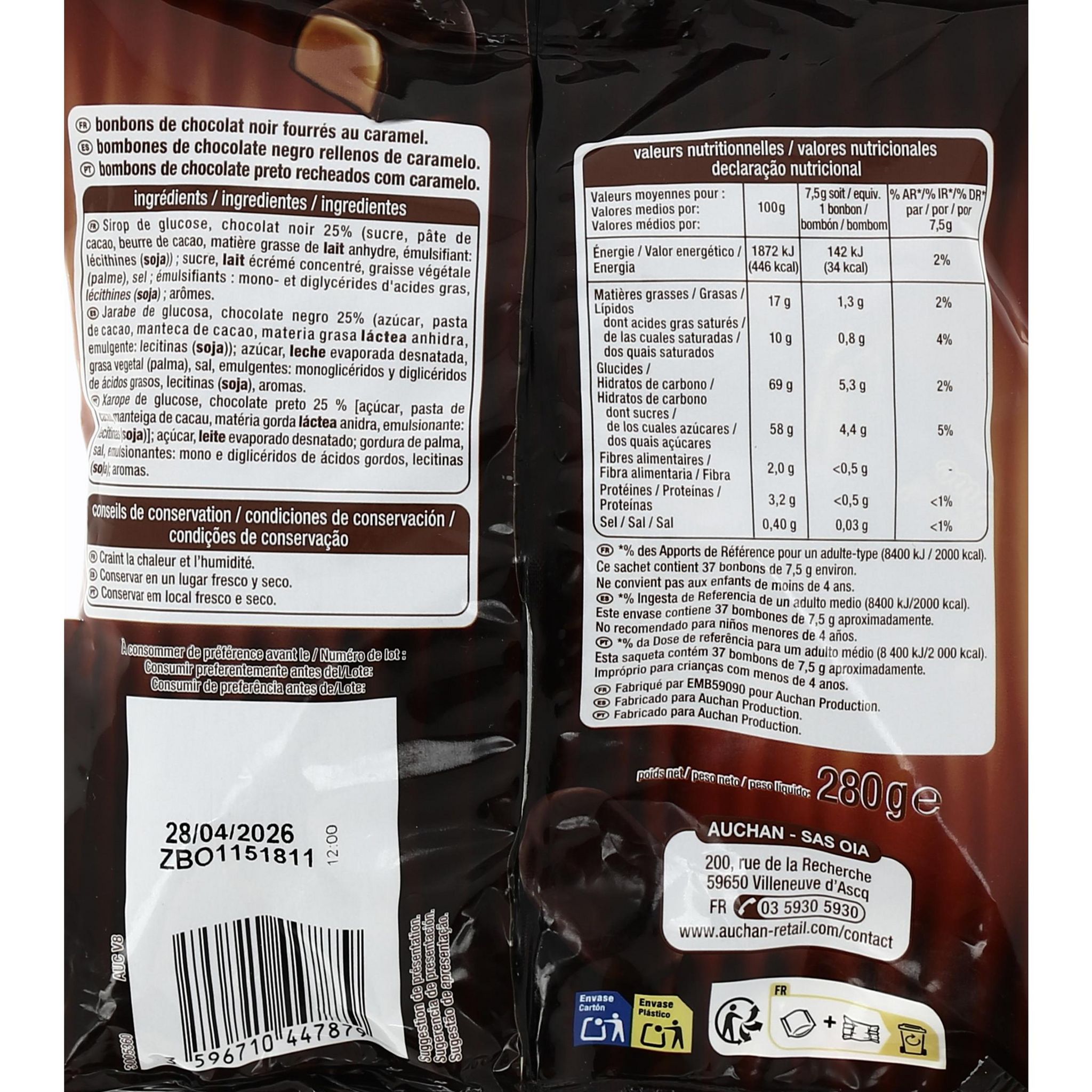 Voir la diapositive 3 : AUCHAN Caram'choc bonbons au chocolat fourrés au caramel 280g