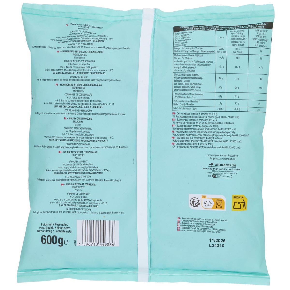 AUCHAN Framboises surgelées fruits entiers 600g