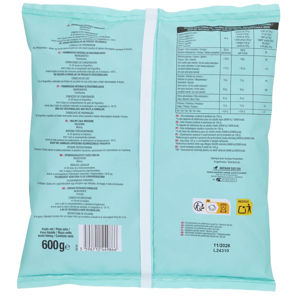 AUCHAN Framboises surgelées fruits entiers 600g