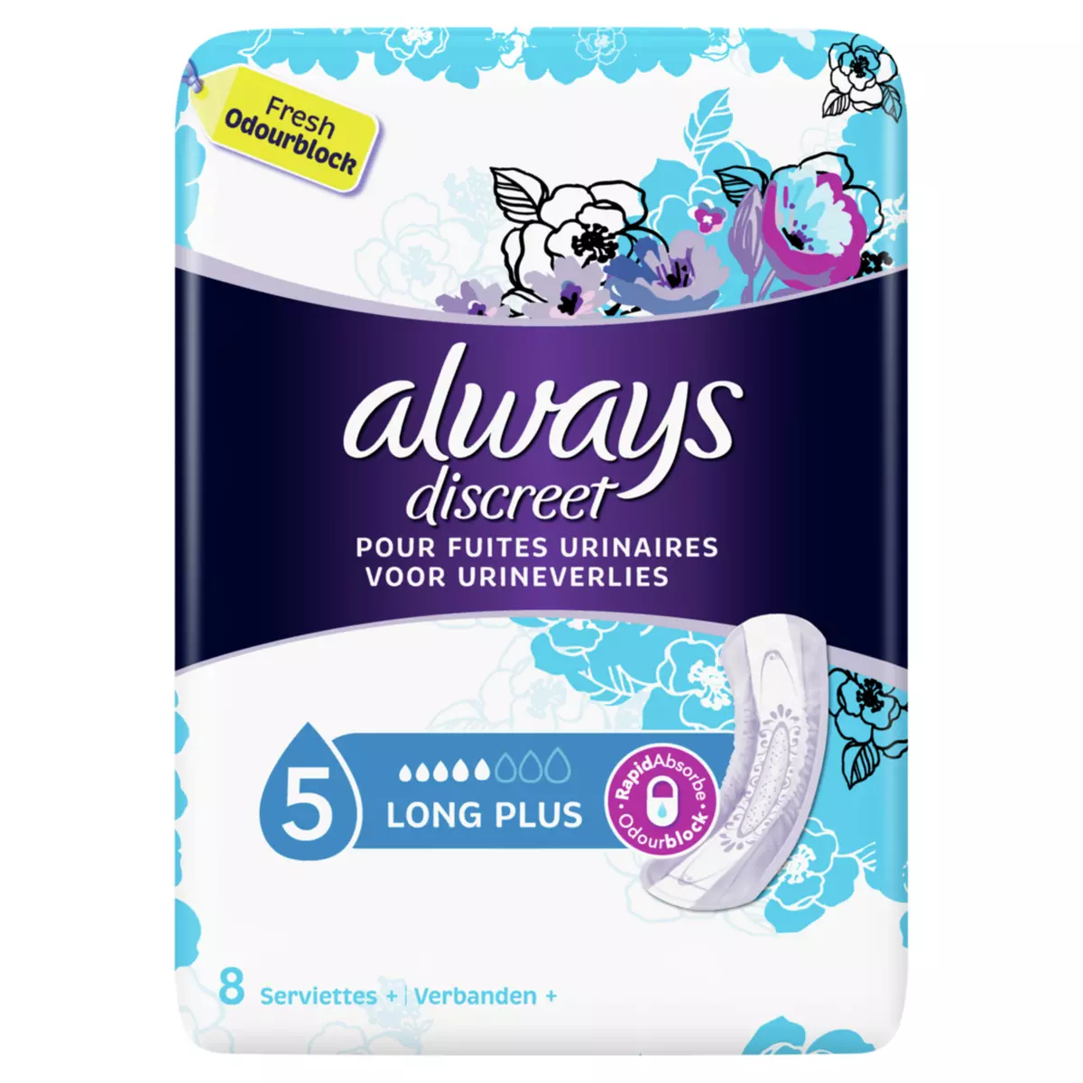 ALWAYS Serviettes hygiéniques pour fuites urinaires long plus 8 serviettes