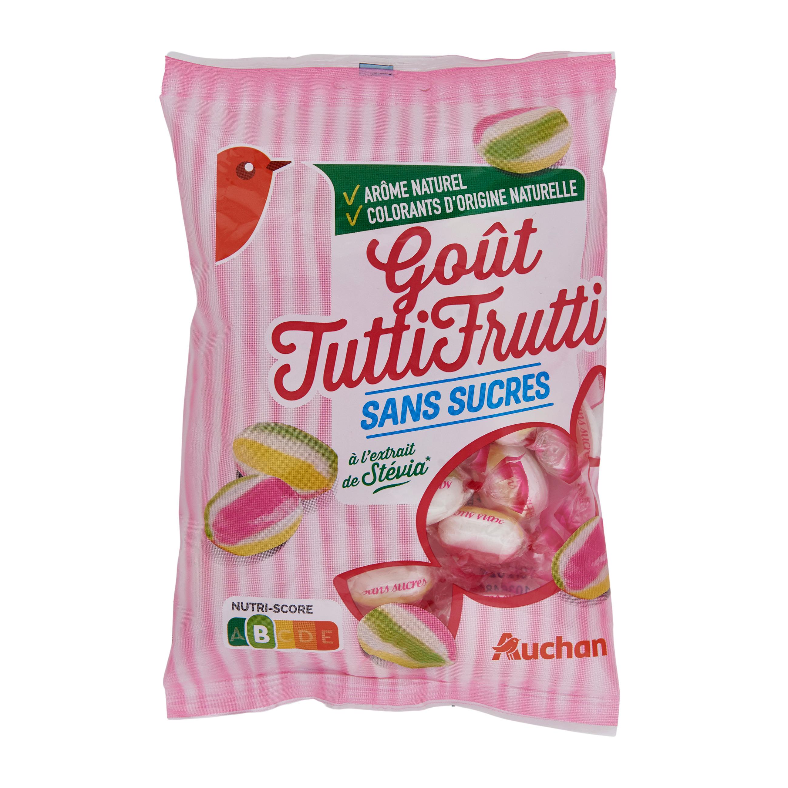 Voir la diapositive 2 : AUCHAN Bonbons goût tutti frutti sans sucres 150g