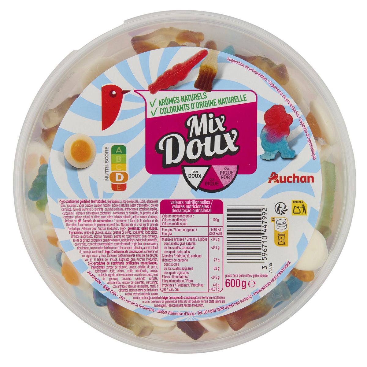 AUCHAN Maxi mix de bonbons gélifiées 600g