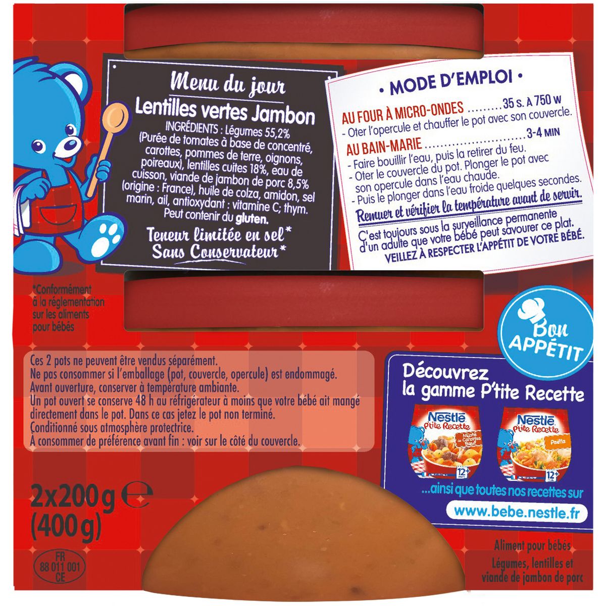 NESTLE P'tite recette bol lentilles vertes et jambon dès 12 mois 2x200g