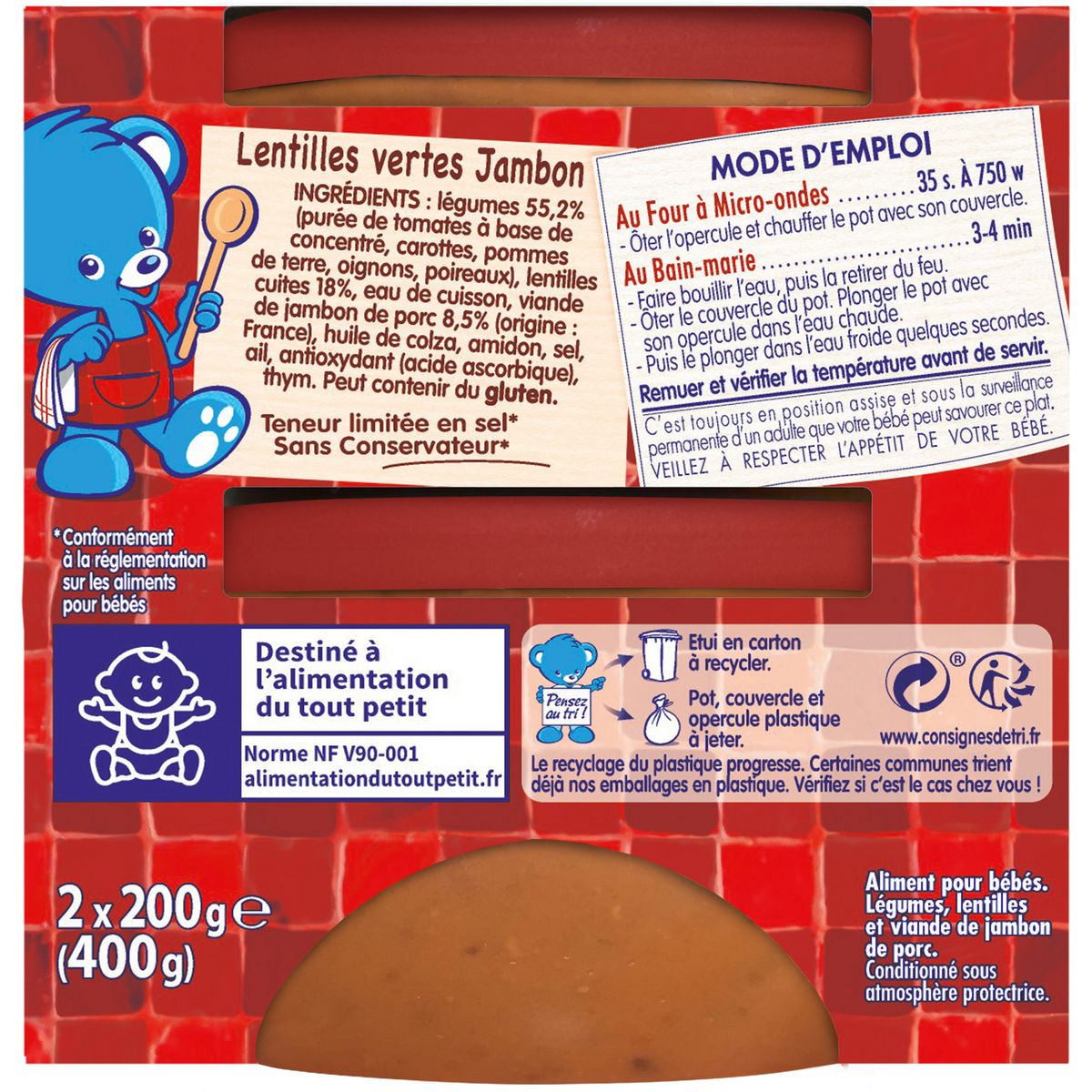 NESTLE P'tite recette bol lentilles vertes et jambon dès 12 mois 2x200g