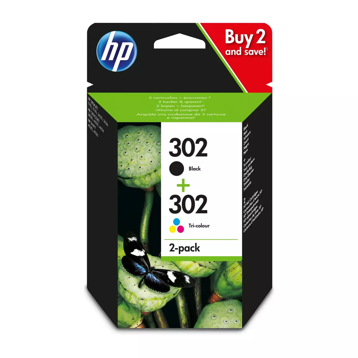 Pack de 2 cartouches d'encre noire/3 couleurs authentiques HP 302
