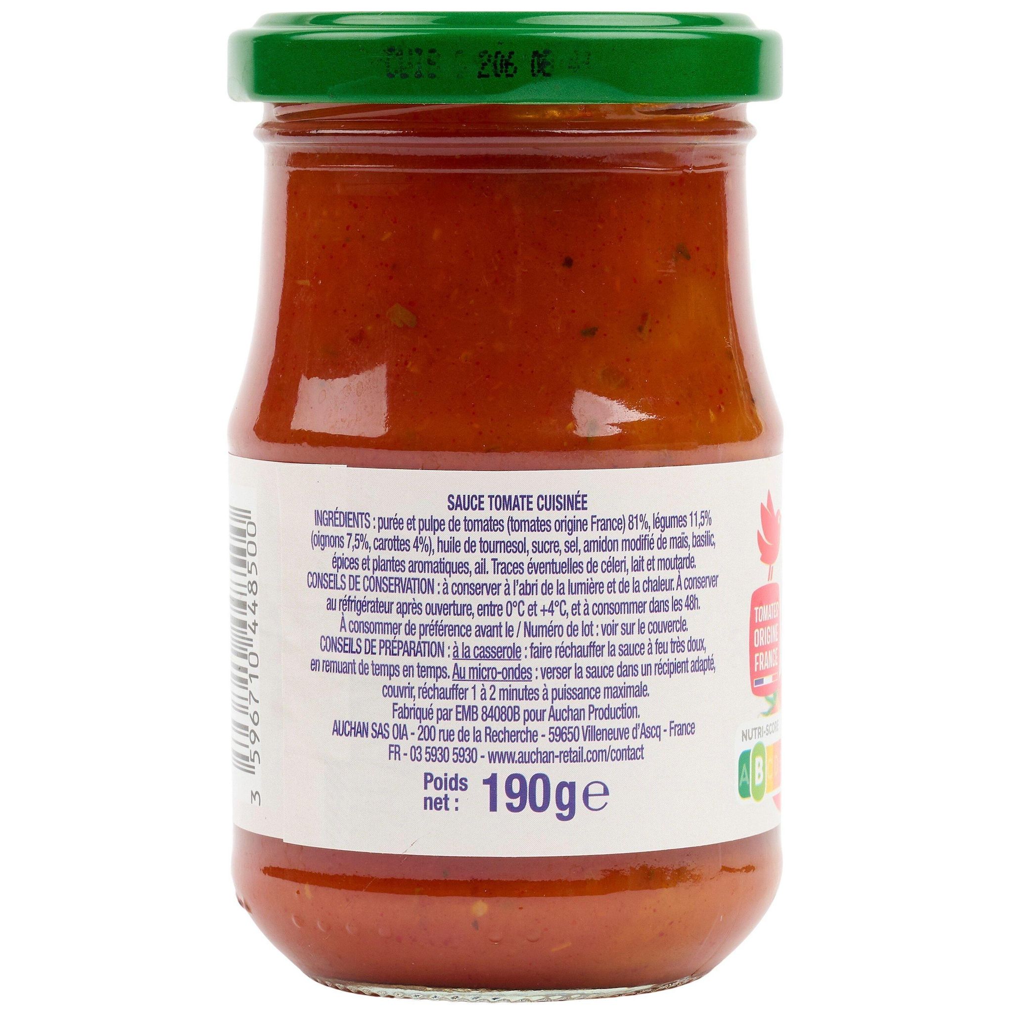 Voir la diapositive 2 : AUCHAN Sauce tomate cuisinée origine France en bocal 190g