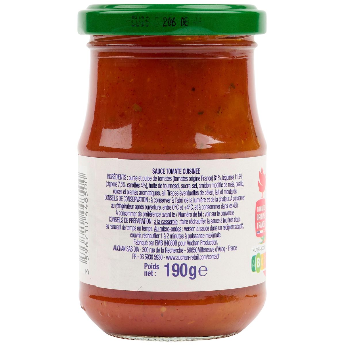 AUCHAN Sauce tomate cuisinée origine France en bocal 190g
