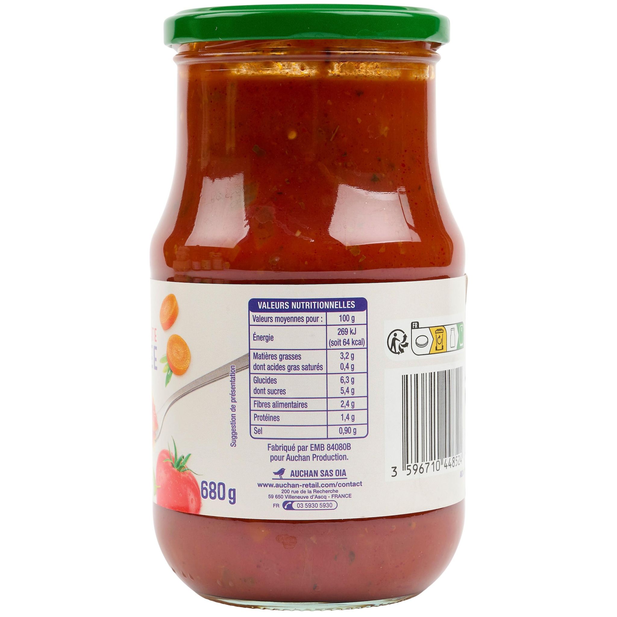 Voir la diapositive 2 : AUCHAN Sauce tomate cuisinée origine France en bocal 680g