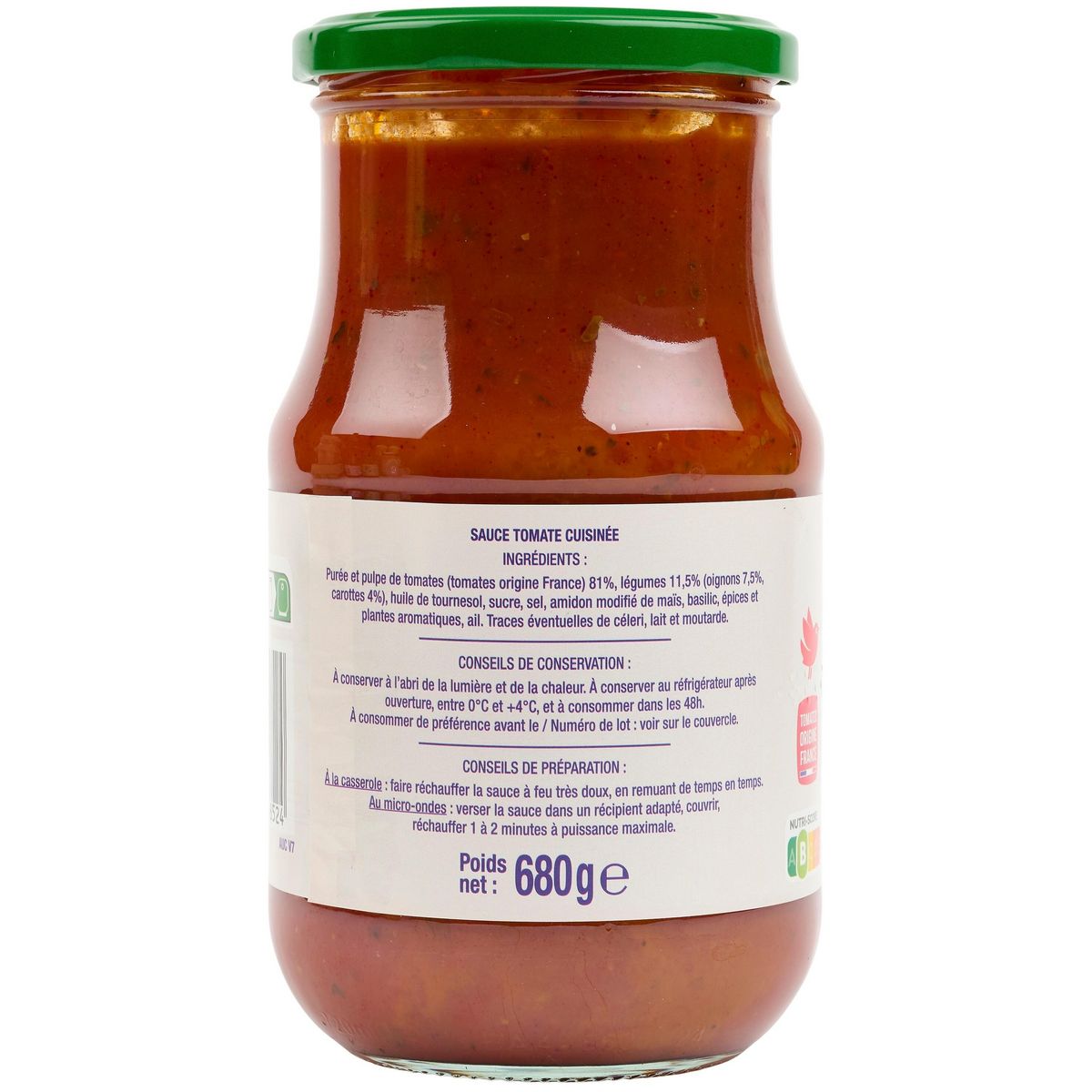AUCHAN Sauce tomate cuisinée origine France en bocal 680g