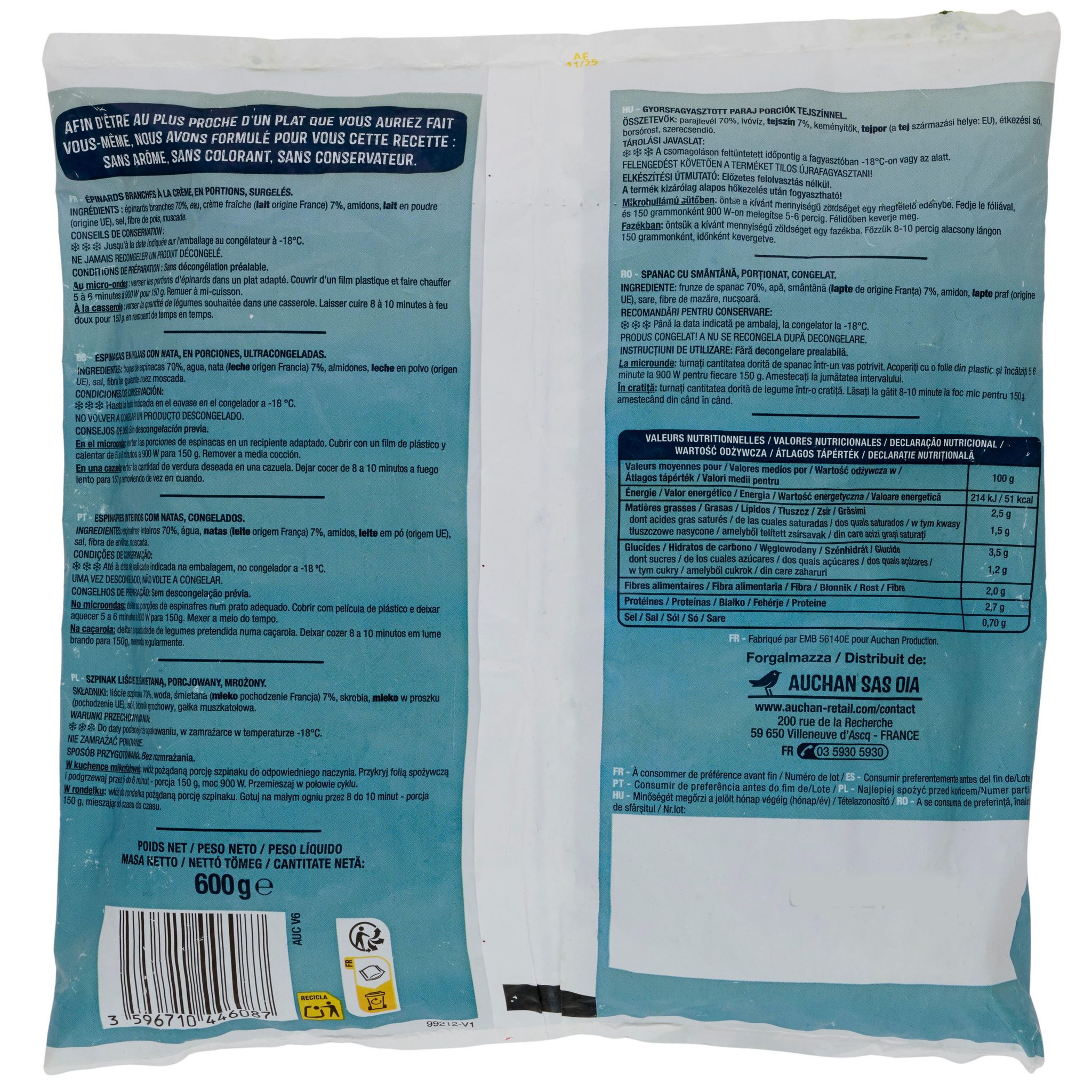 Voir la diapositive 2 : AUCHAN Epinards hachés à la crème 4 portions 600g