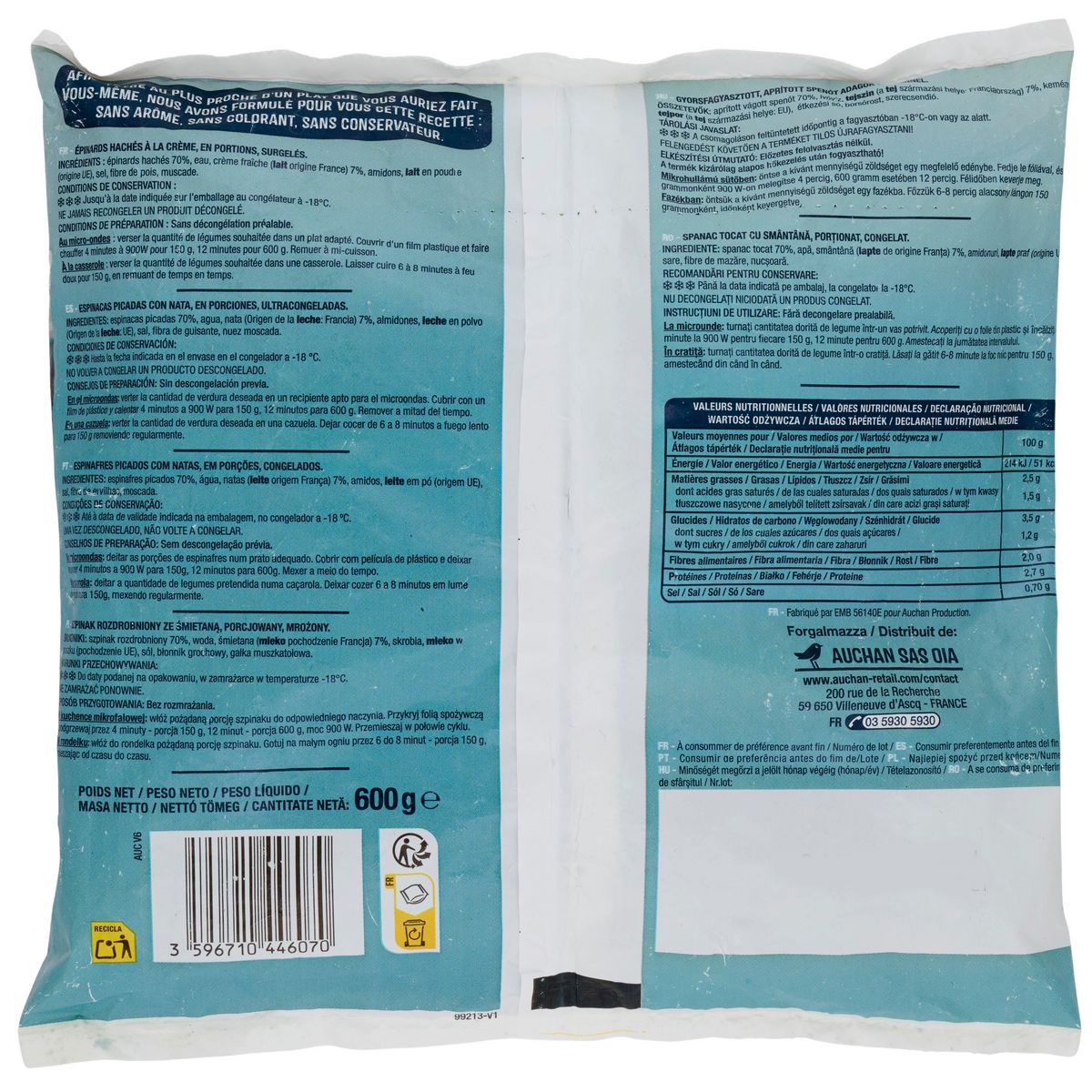 AUCHAN Epinards en branches à la crème 4 portions 600g