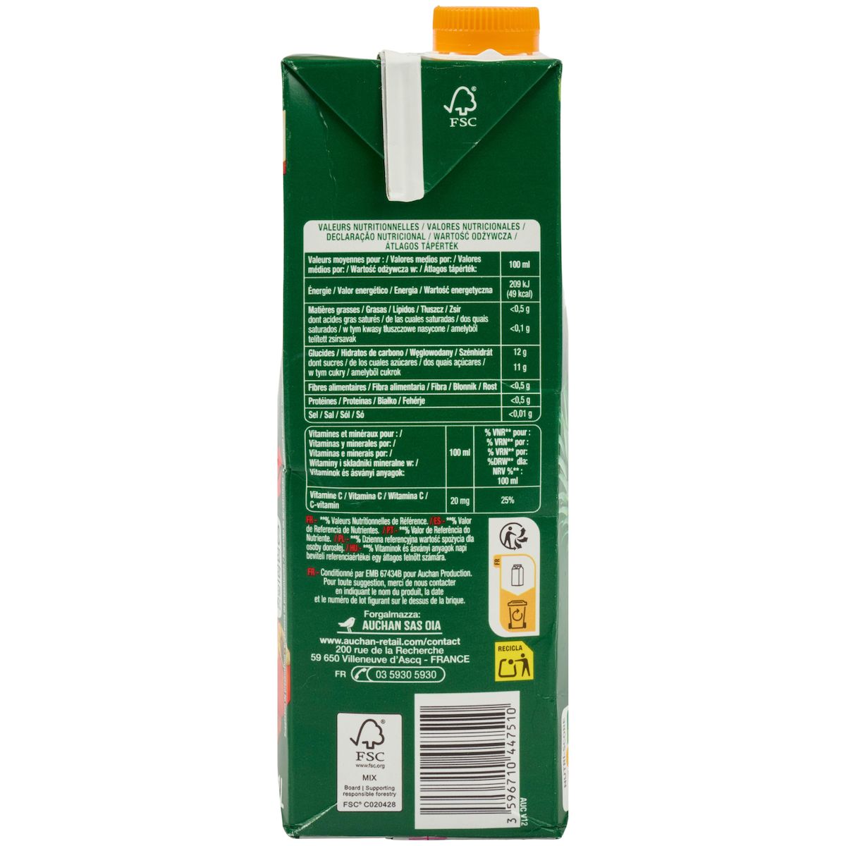 AUCHAN Jus ananas et multi fruits à base de concentré brique 1l