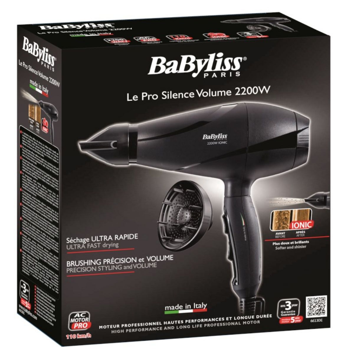 BABYLISS Sèche-cheveux professionnel avec diffuseur Silence Volume 6613DE - Noir