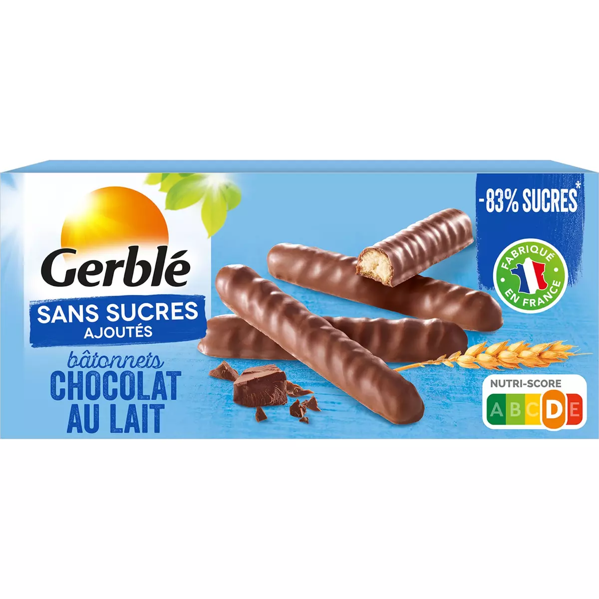 GERBLE Bâtonnets chocolat au lait sans sucres ajoutés 125g
