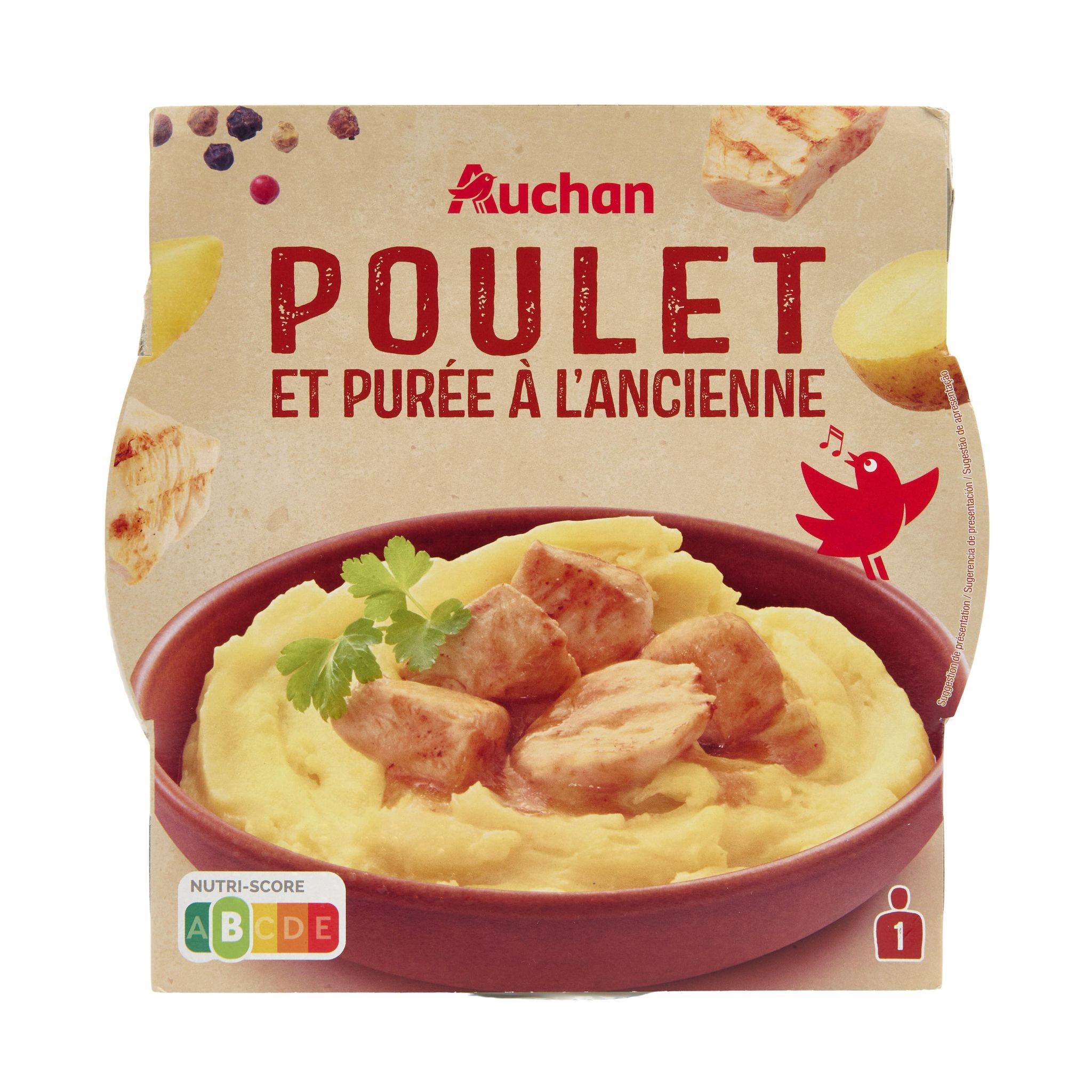 Voir la diapositive 2 : AUCHAN Poulet rôti purée à l'ancienne barquette 2min micro-ondes 1 personne 300g