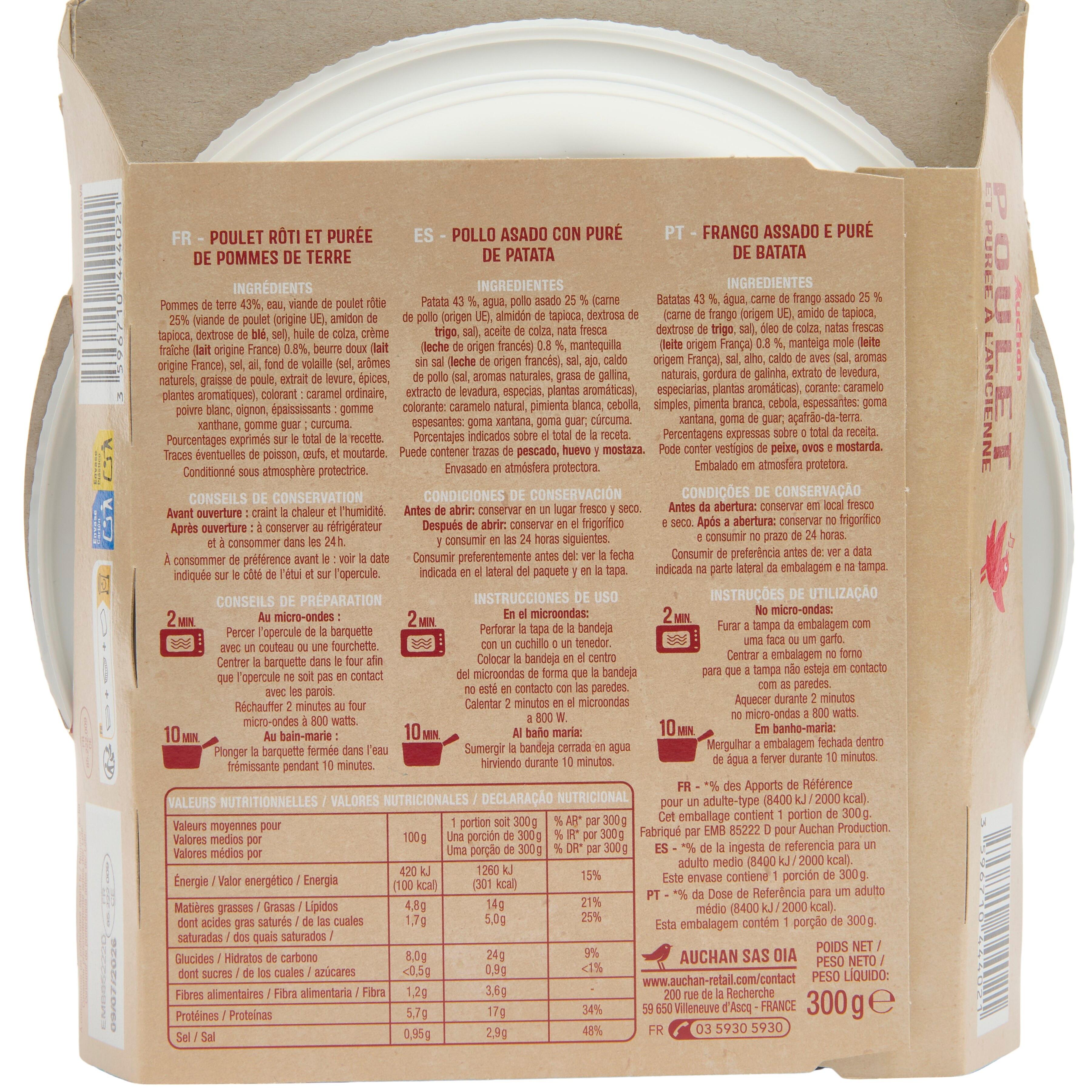 Voir la diapositive 3 : AUCHAN Poulet rôti purée à l'ancienne barquette 2min micro-ondes 1 personne 300g
