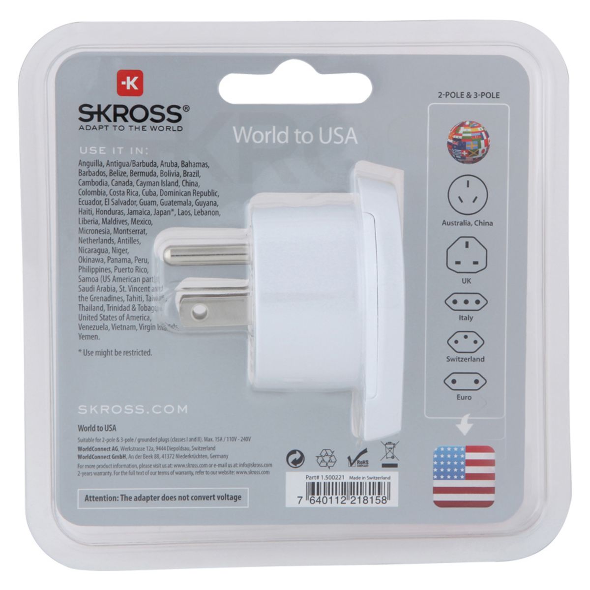 SKROSS Adaptateur secteur de voyage Europe vers USA