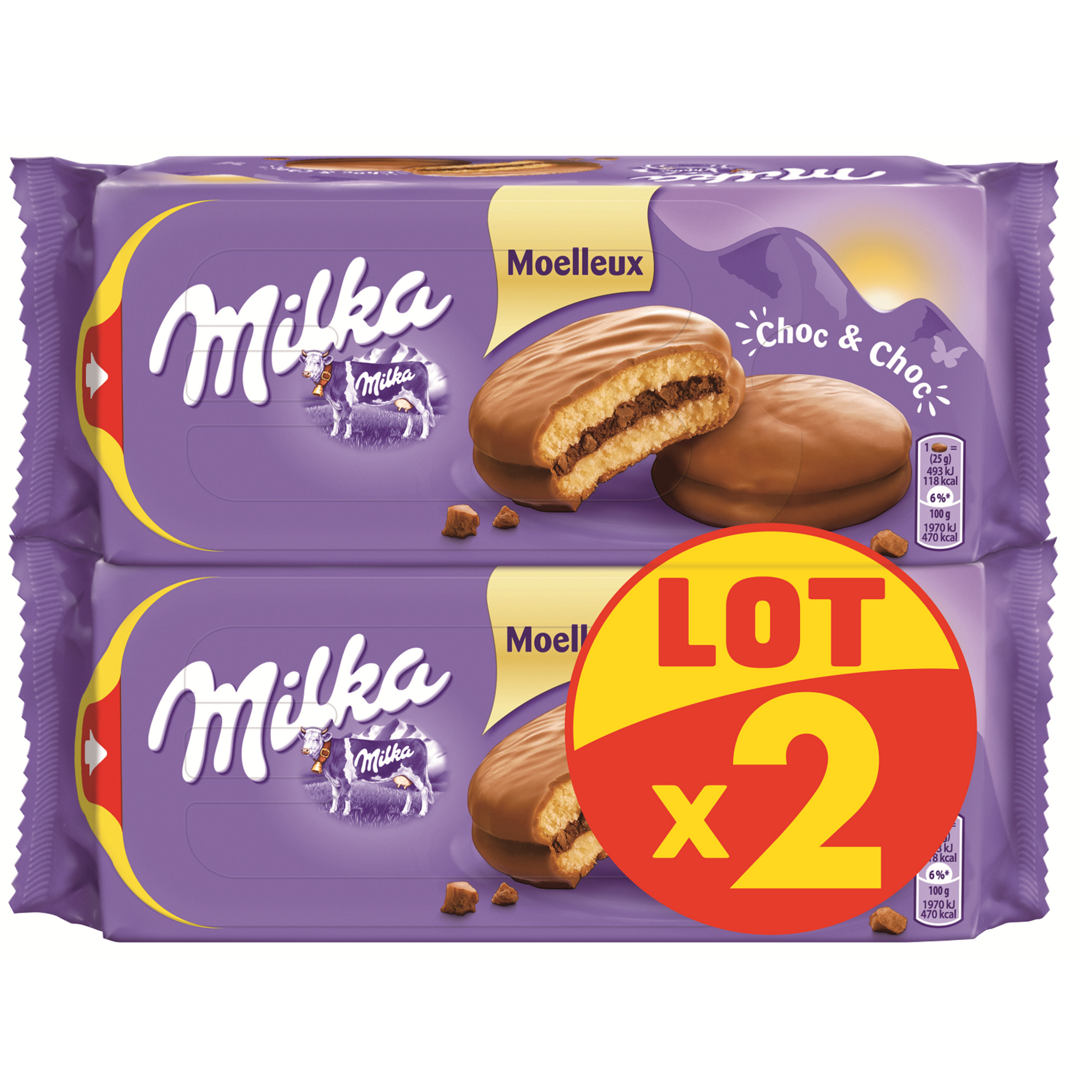 MILKA Choc & choc gâteaux moelleux fourrés et nappés au chocolat 2 paquets 2x175g