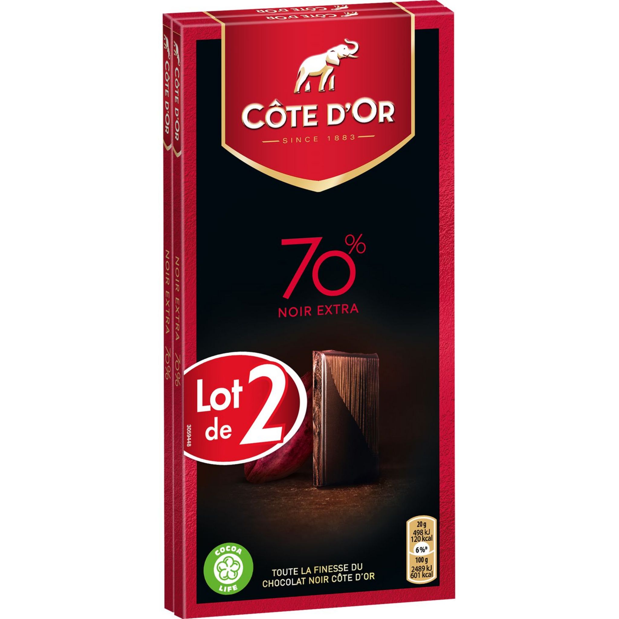 COTE D'OR Tablette de chocolat noir intense dégustation 70% cacao 2x100g