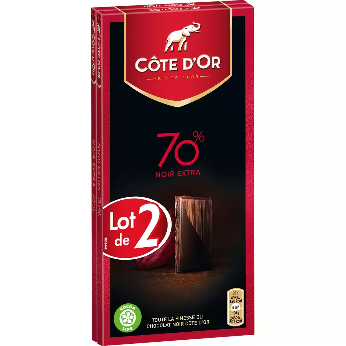 COTE D'OR Tablette de chocolat noir intense dégustation 70% cacao 2x100g
