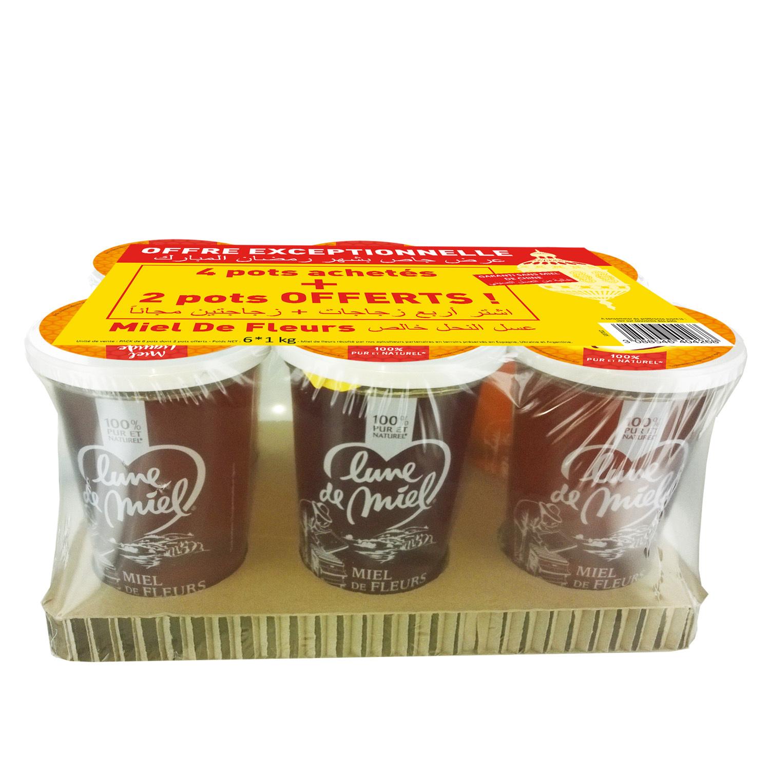 Voir la diapositive 2 : LUNE DE MIEL Miel de fleurs liquide doux et fleurie 4 pots + 2 offerts 6x1kg