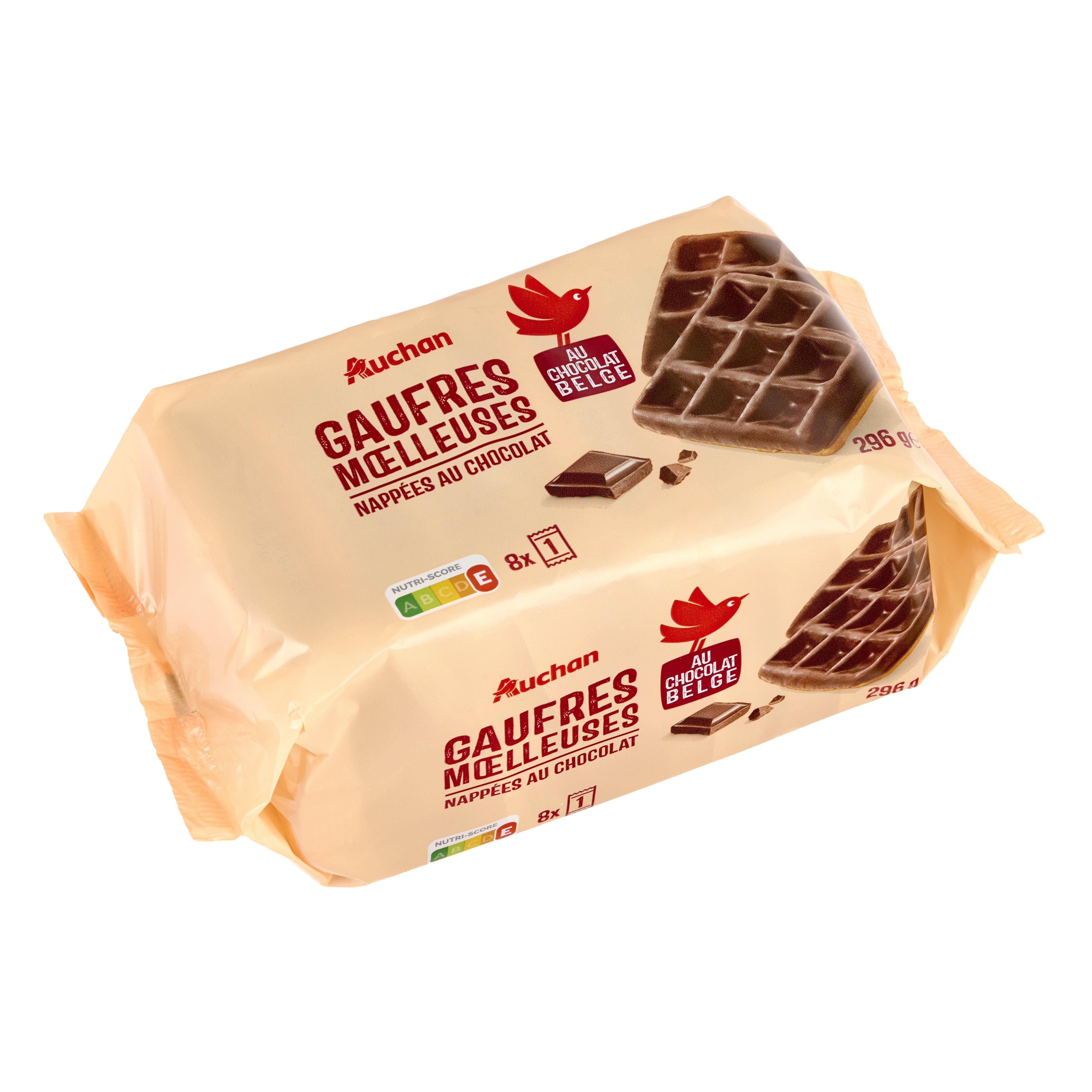 Voir la diapositive 2 : AUCHAN Gaufres moelleuses nappées au chocolat belge sachets individuels 8 gaufres 296g