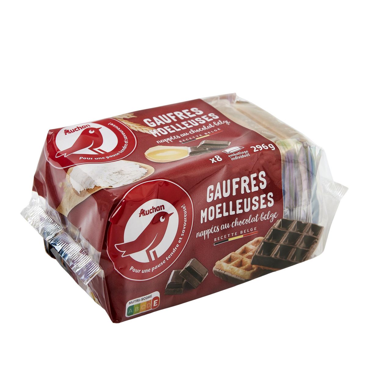 AUCHAN Gaufres moelleuses nappées au chocolat belge sachets individuels 8 gaufres 296g