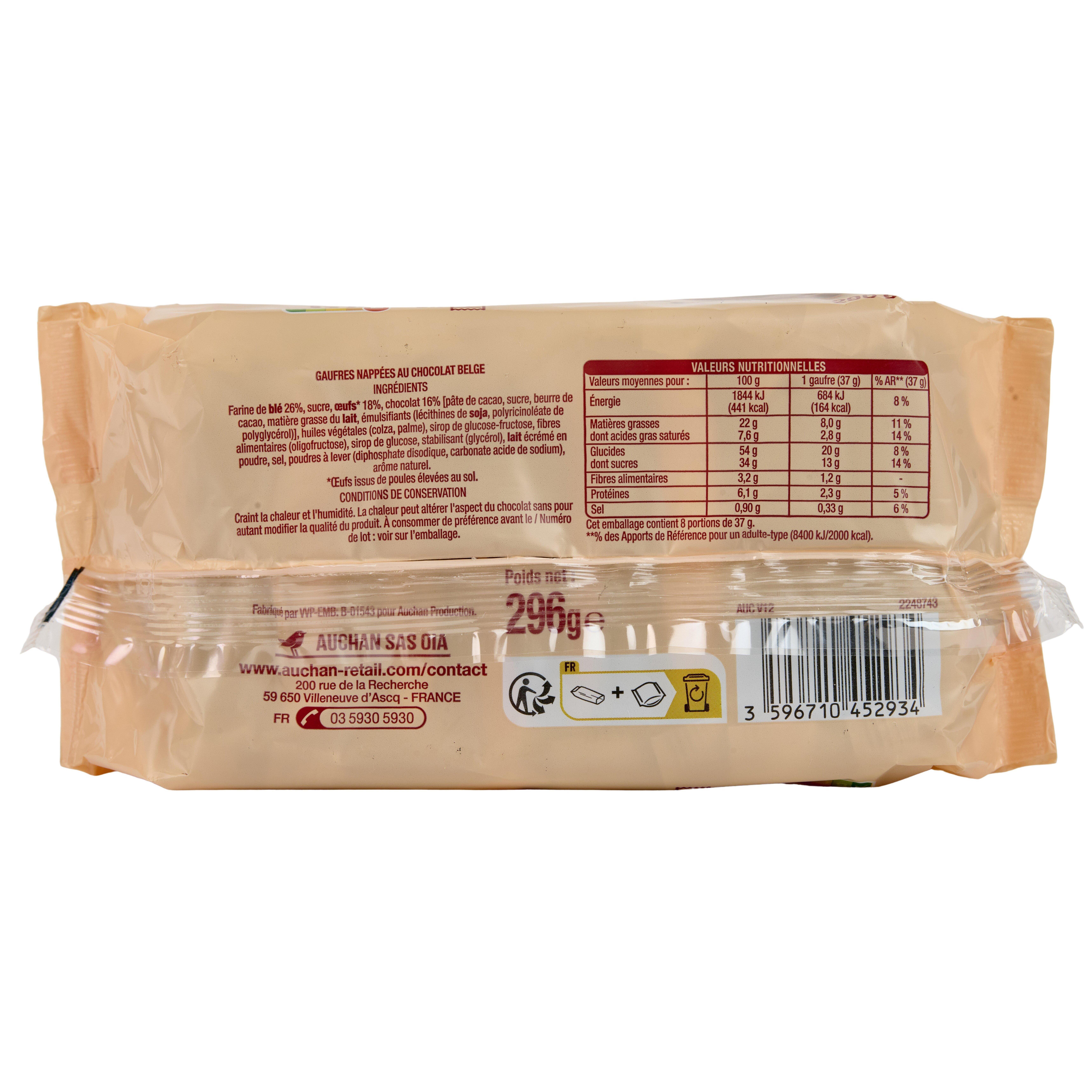 Voir la diapositive 3 : AUCHAN Gaufres moelleuses nappées au chocolat belge sachets individuels 8 gaufres 296g