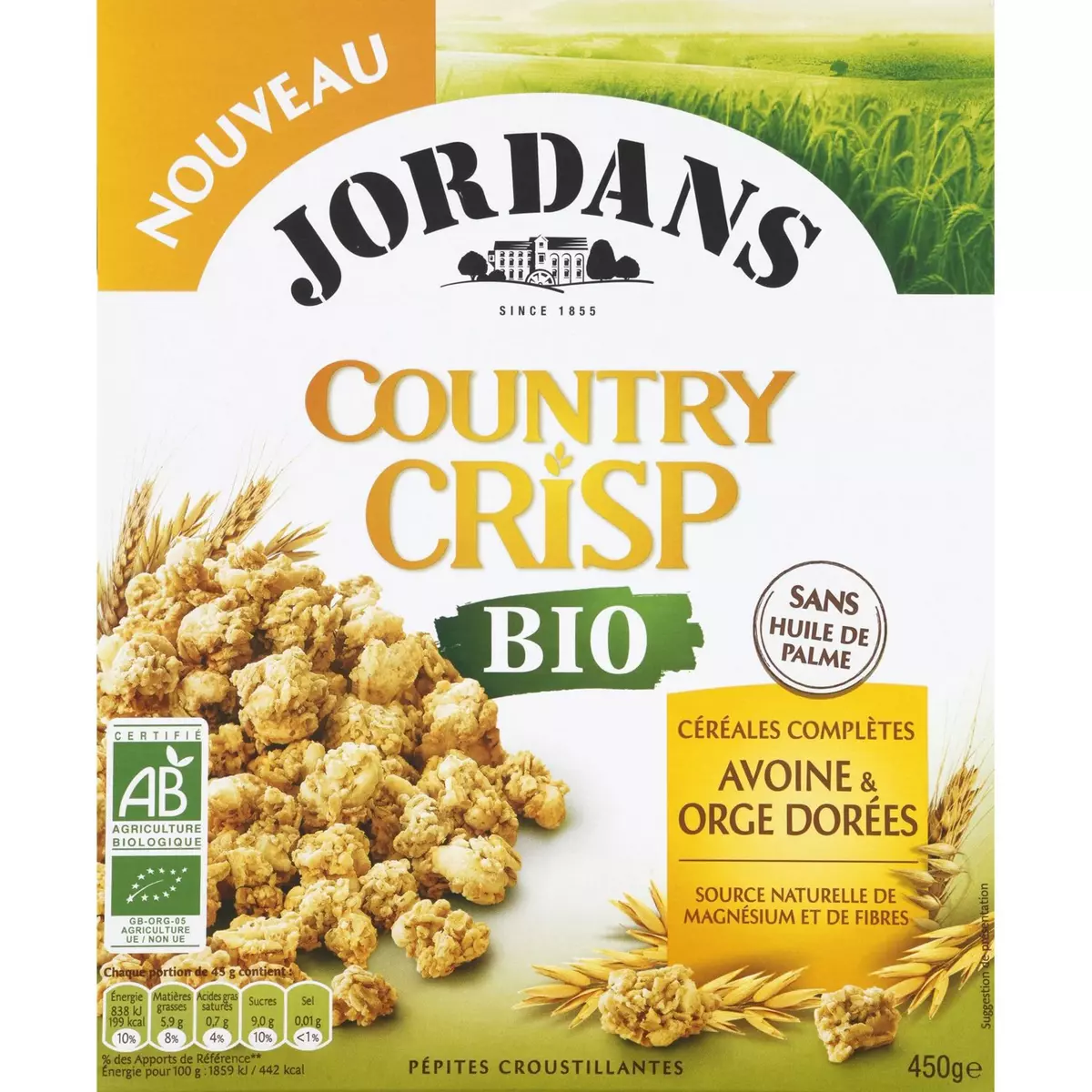 JORDAN'S Country Crisp céréales bio complètes avoine et orge dorées 450g