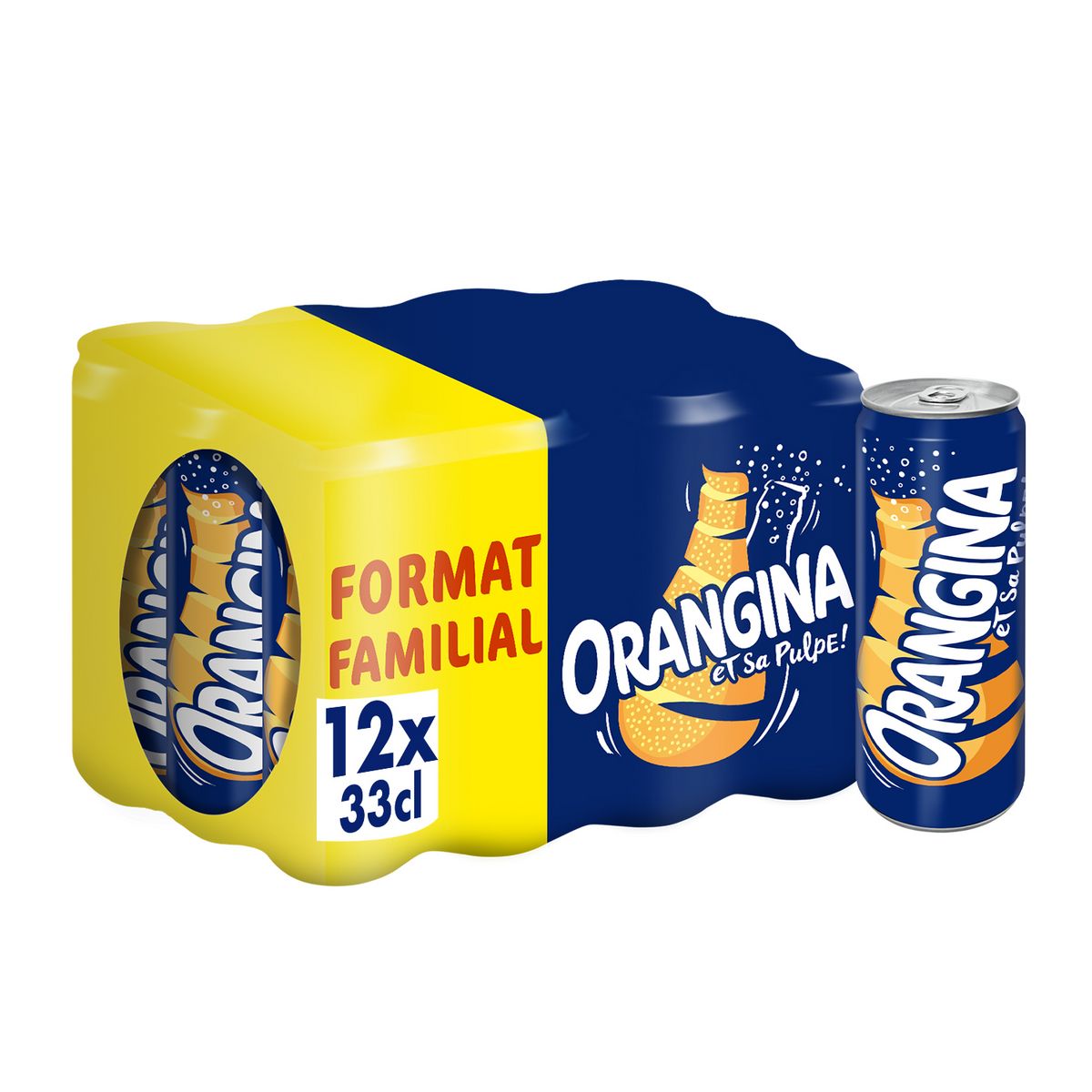 ORANGINA Boisson gazeuse à la pulpe de fruit jaune boîte slim Format familial 12x33cl