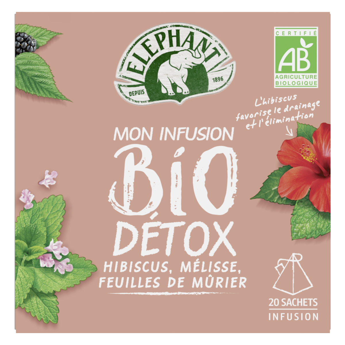 ELEPHANT Infusion bio détox hibiscus mélisse et feuilles de mûrier 20 sachets 30g