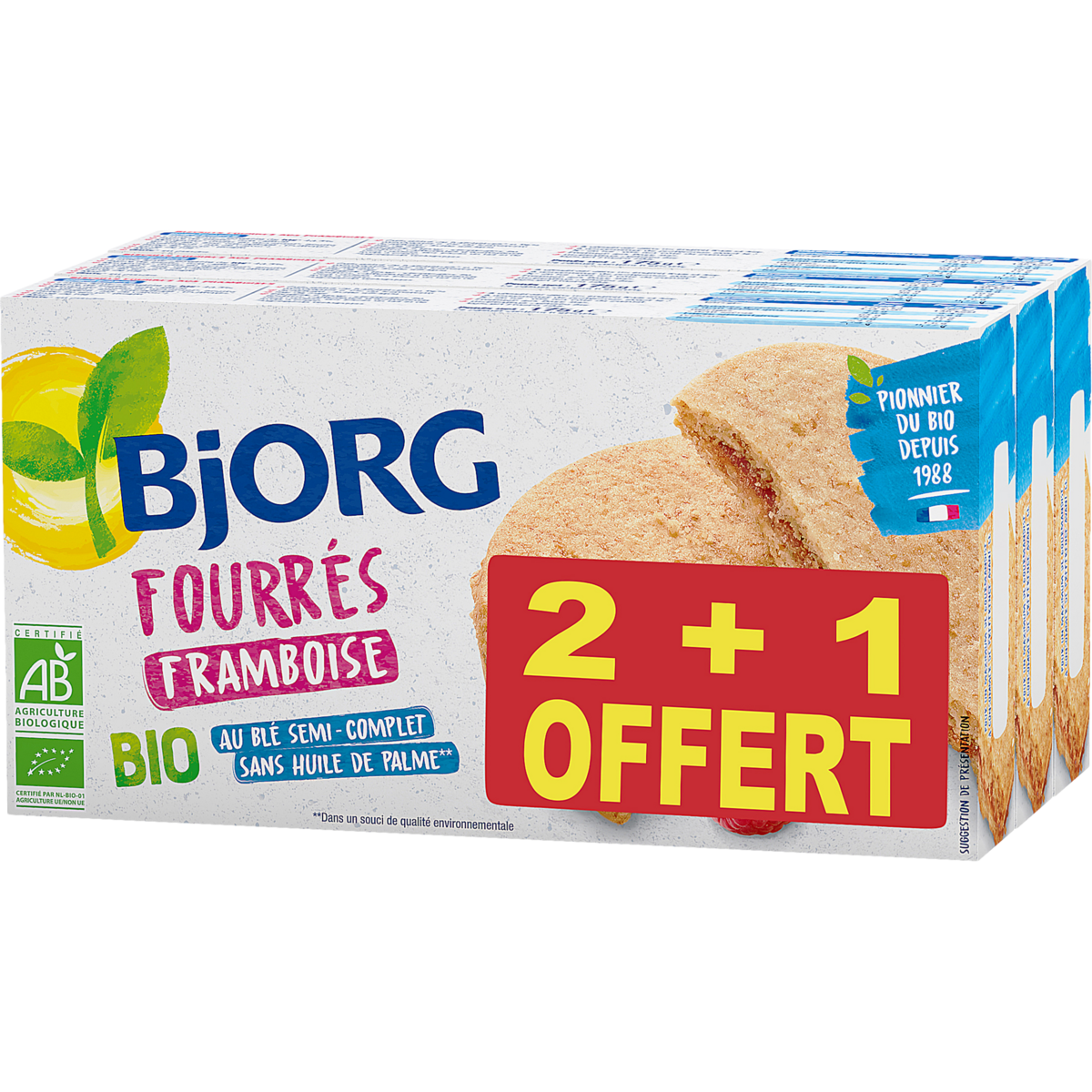 BJORG Biscuits bio fourrés framboise, sans huile de palme Lot de 3 3x175g