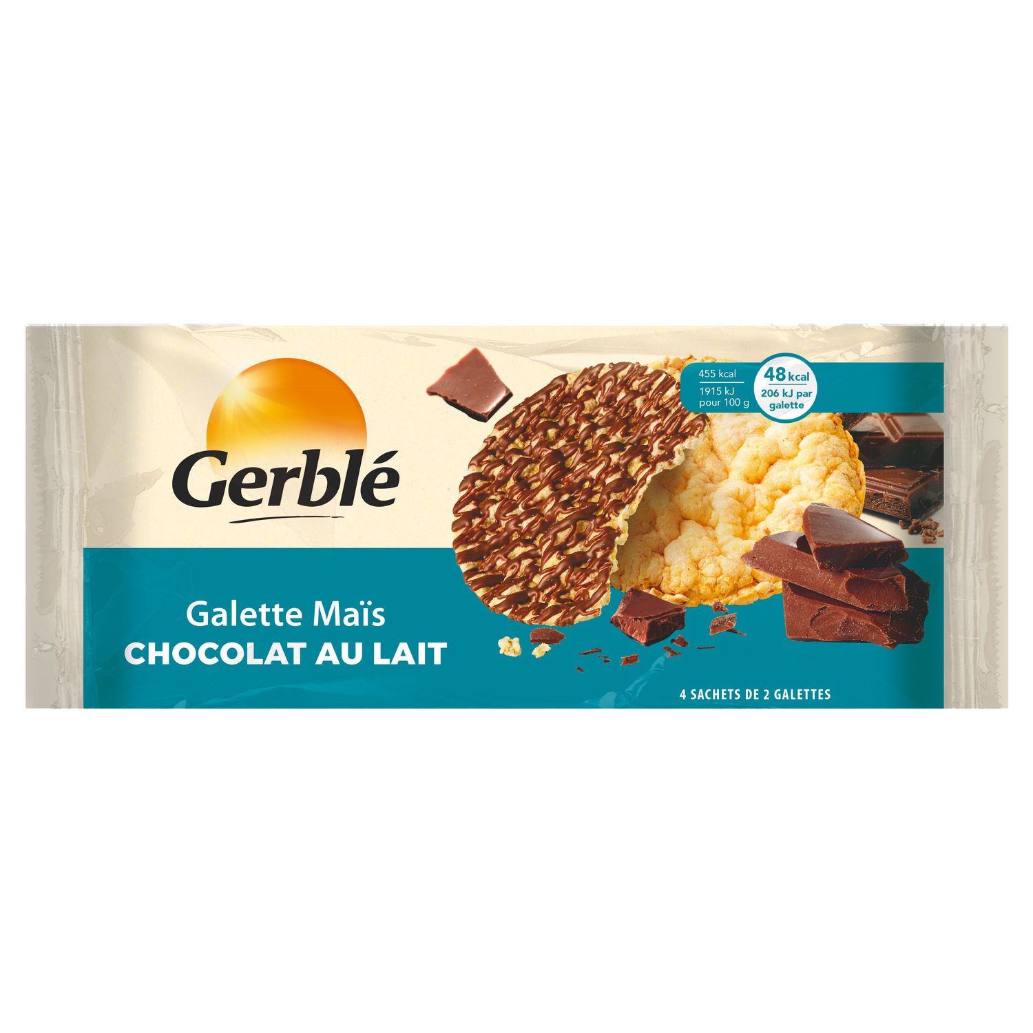 Voir la diapositive 2 : GERBLE Galettes de maïs chocolat au lait sachets fraîcheur 4x2 galettes 124g