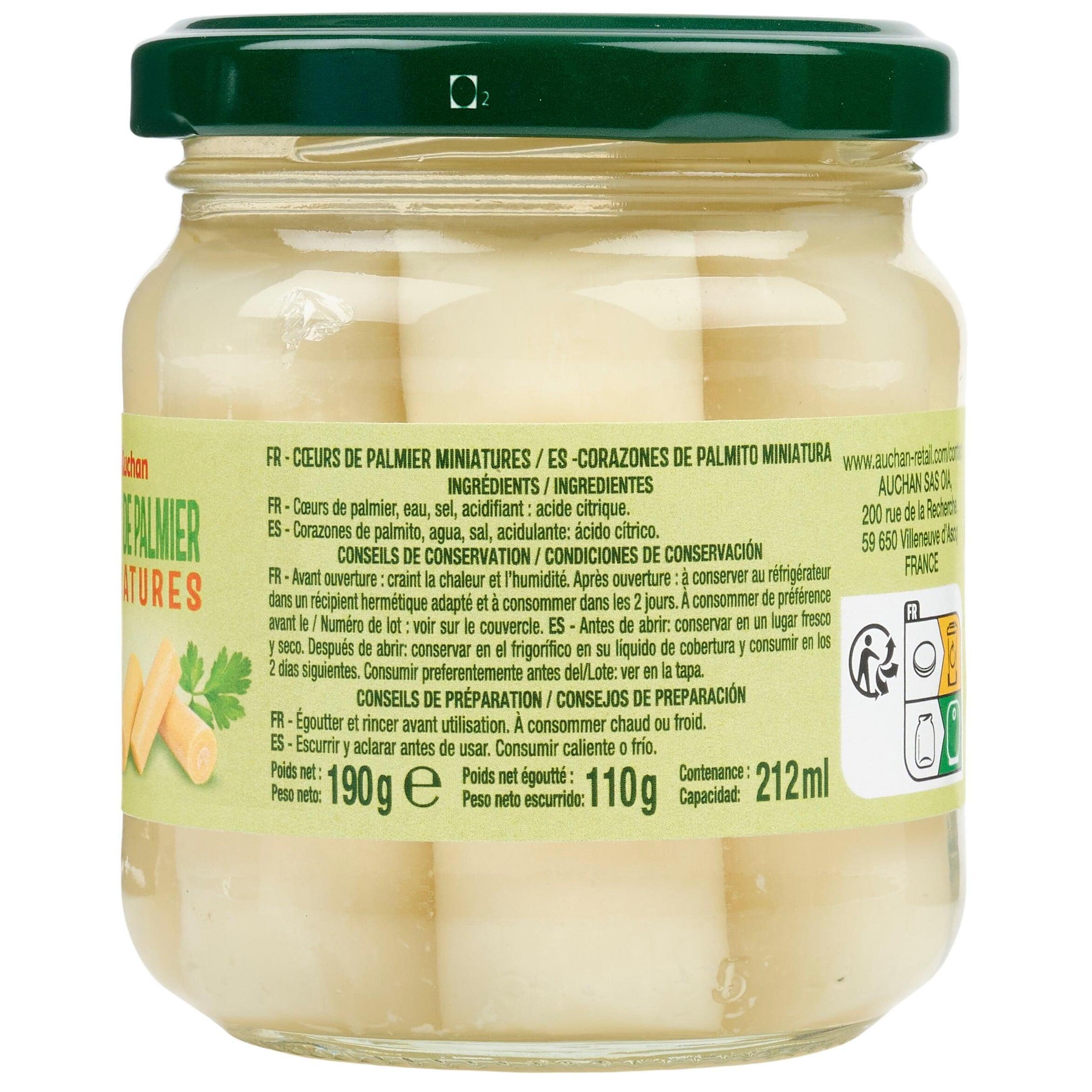 Voir la diapositive 2 : AUCHAN Coeurs de palmier miniatures bocal 115g