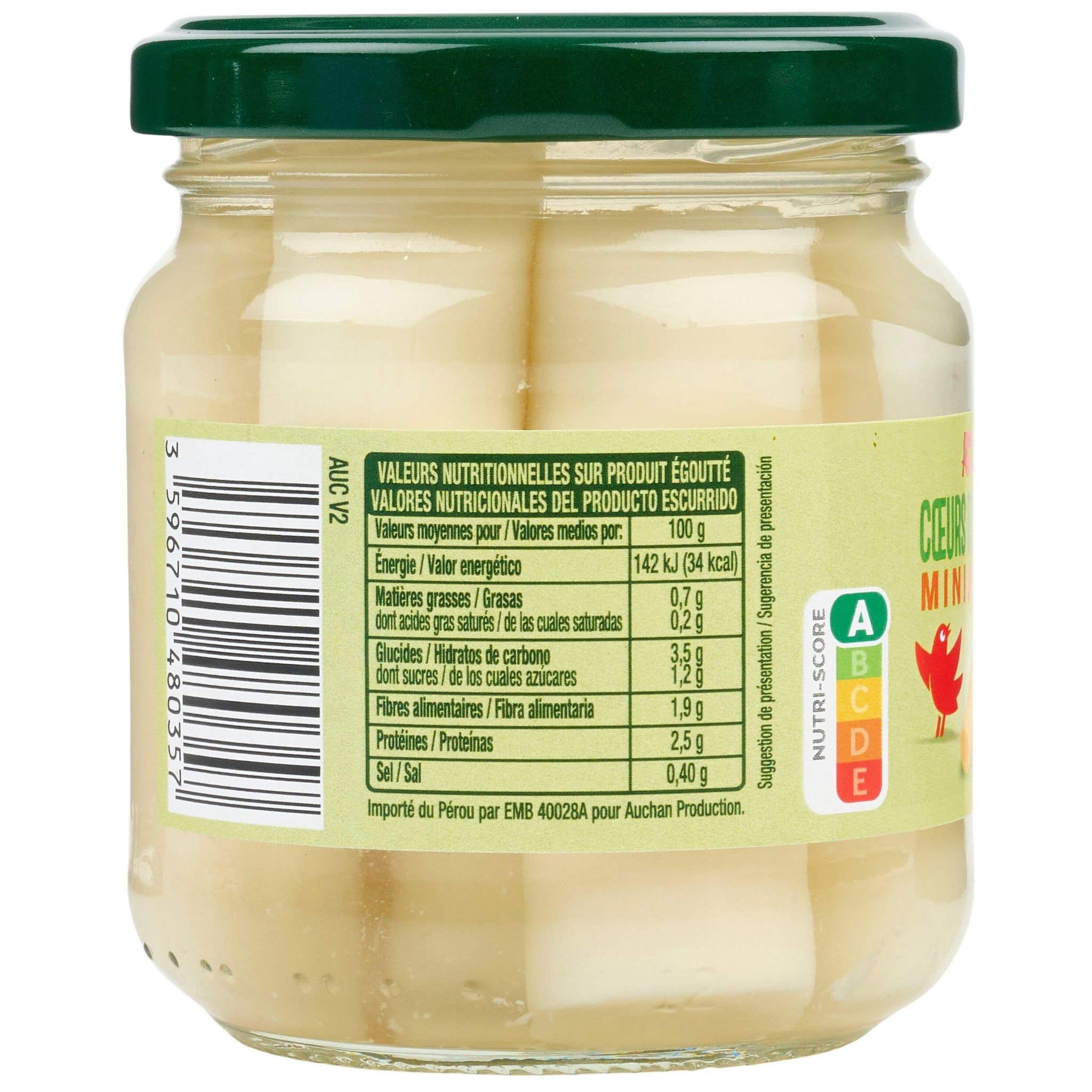 Voir la diapositive 4 : AUCHAN Coeurs de palmier miniatures bocal 115g